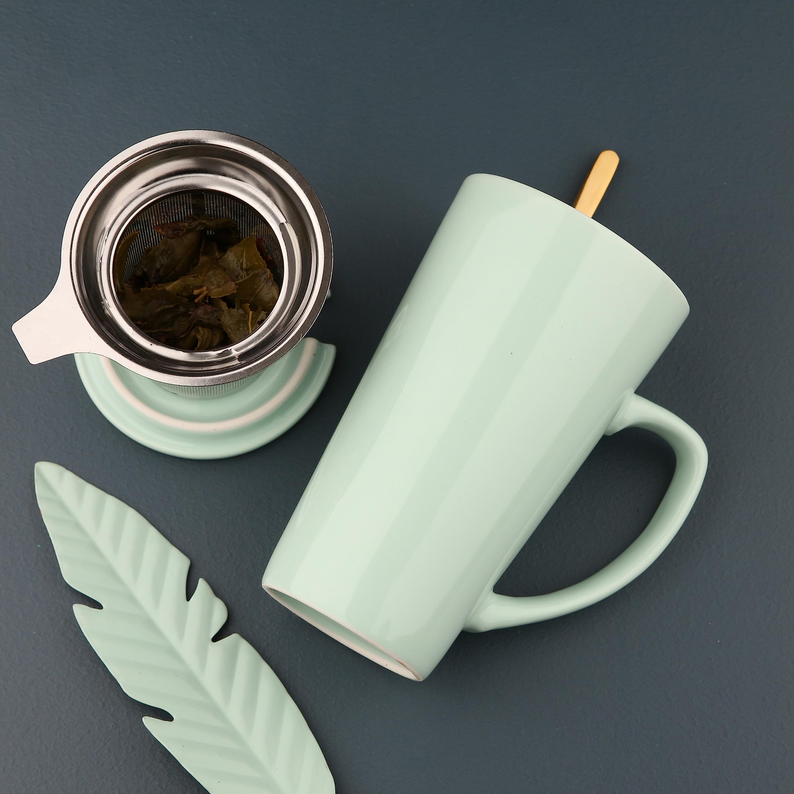 Taza de té de porcelana de 15 onzas con infusor, tapa y cuchara, taza de té de hojas sueltas, color verde menta