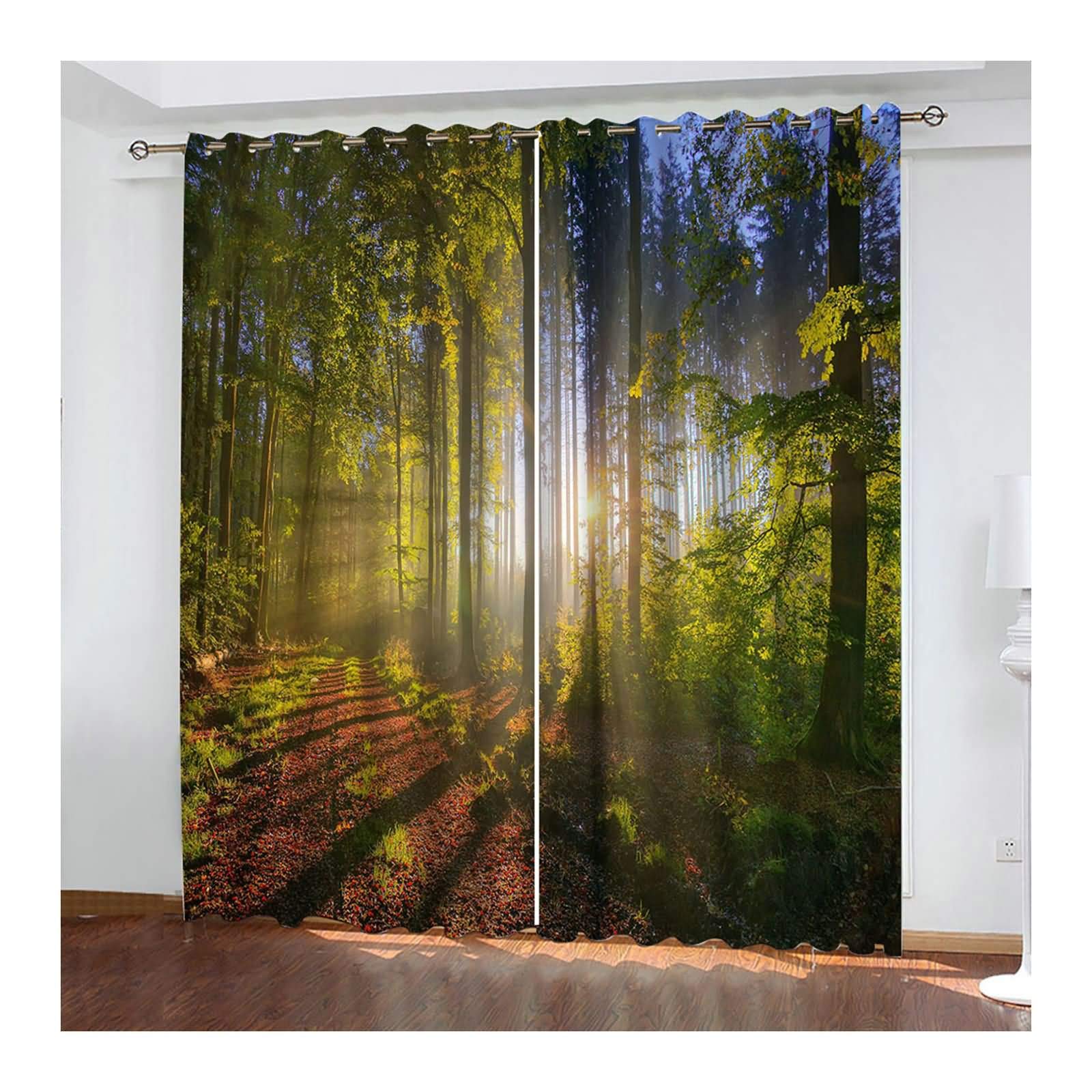 Zasłona do sypialni z poliestru, długość z oczkami, zestaw 2 sztuk, las, nieprzejrzysta, nowoczesna, 214 x 138 cm