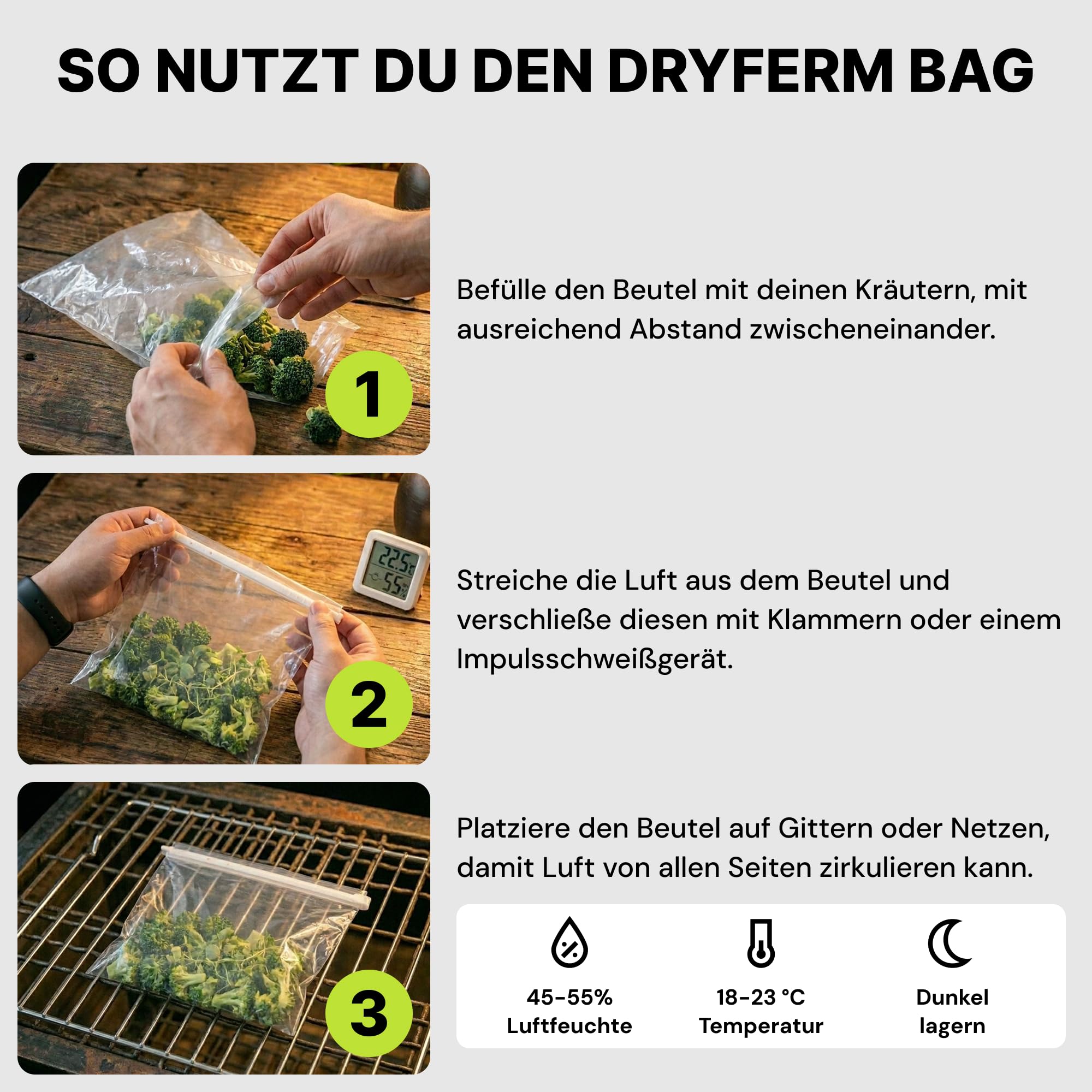Trocknungsbeutel für Kräuter - 3er Set Dry Bag 50x50cm - schimmelsicher & geruchsarm trocknen, curen & lagern - lebensmittelecht, mit maximaler Wirkstofferhaltung - Made in Germany