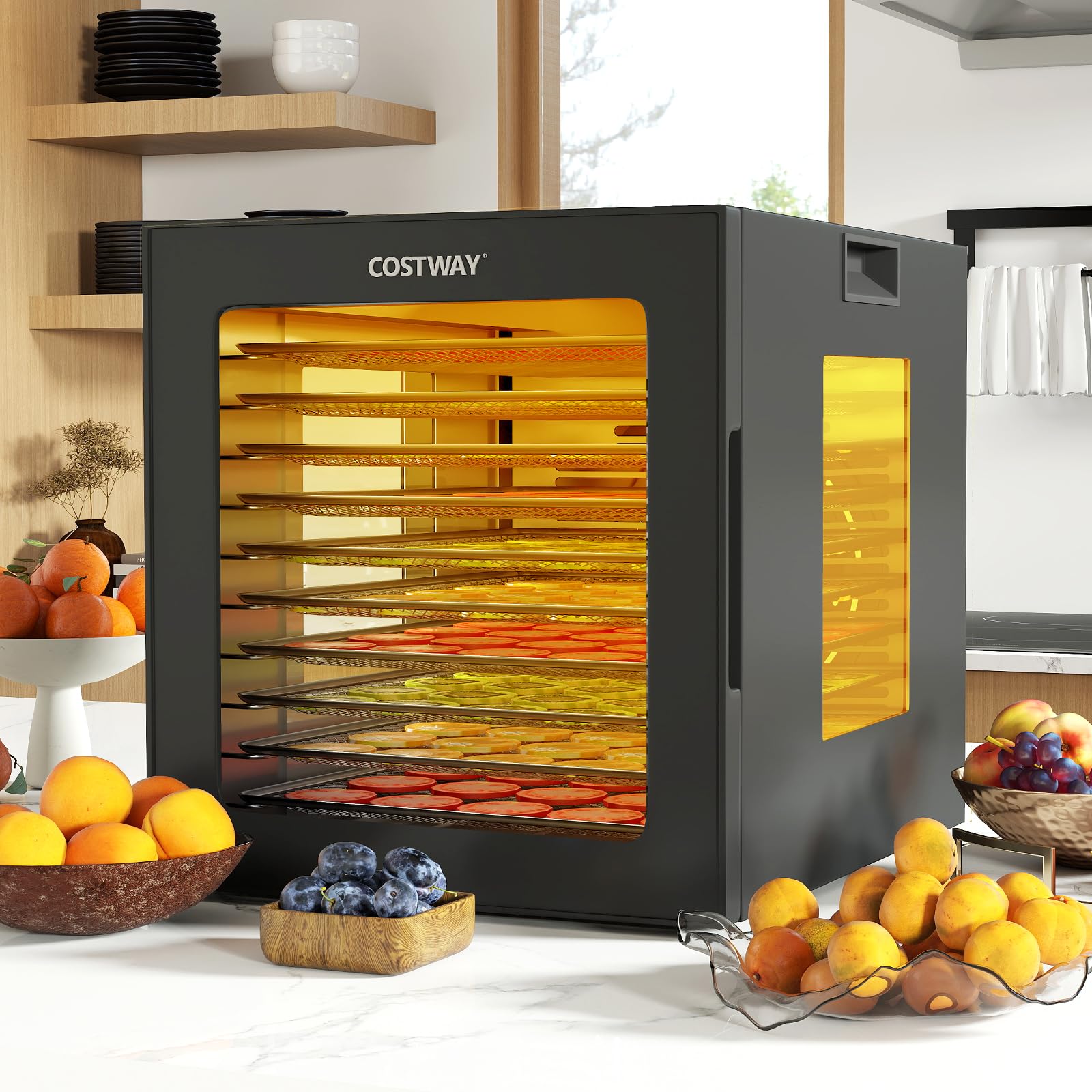 COSTWAY Déshydrateur Alimentaire, Séchoir à 10 Plateaux en Acier Inox avec 10 Programmes Préréglés, Minuterie 48H et Température 30-75℃, Accessoires Inclus, pour Fruits, Viandes, Légumes, Champignons