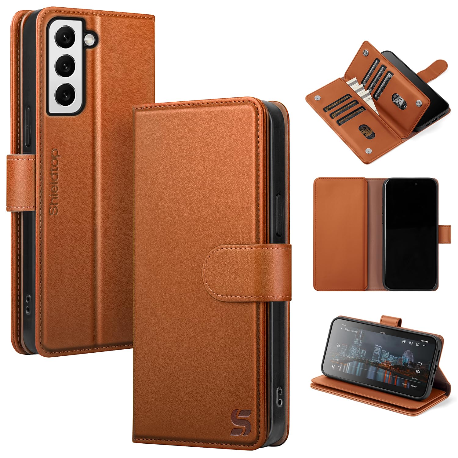 Shieldtop Compatible with Samsung Galaxy S22 Wallet Case with Card Holder,Women Men RFID Blocking PU Leather Folio Flip TPU Protective Cover Credit Card Slots,Phone Case for Galaxy S22 6.1,Light Brown