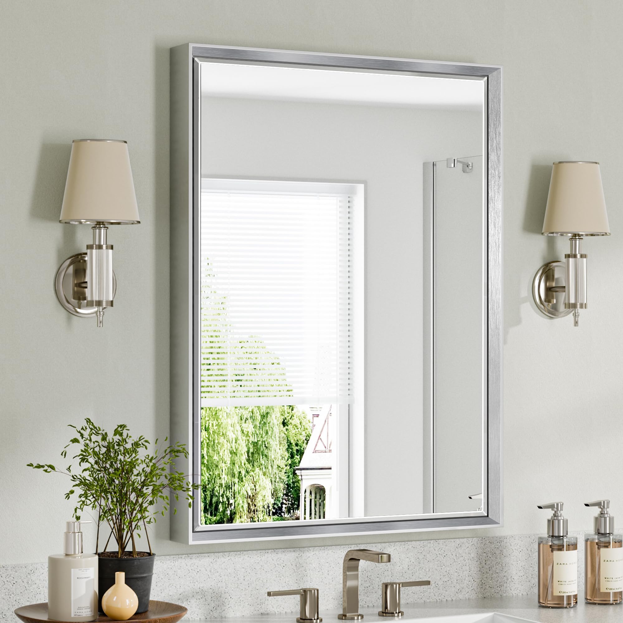 Brushed Nickel Bathroom Mirror, Bathroom Mirrors for Over Sink 24x32 Inch, Rectangle Framed Silver Mirror, Beveled Bathroom Mirror, Anti-Rust, Vertical/Horizontal Wall-Mounted Mirrors