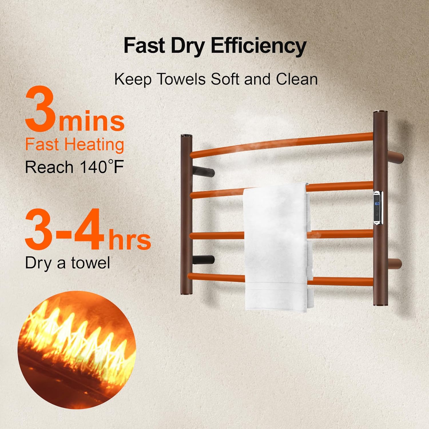 Towel Warmer with Built-in Timer Bathroom Wall Mounted Bath Towel Heater Plug-in Electric Heated Towel Rack Stainless Steel Curved Round Oil Rubbed Drying Rack 16.54x23.62x5.51 inches ORB
