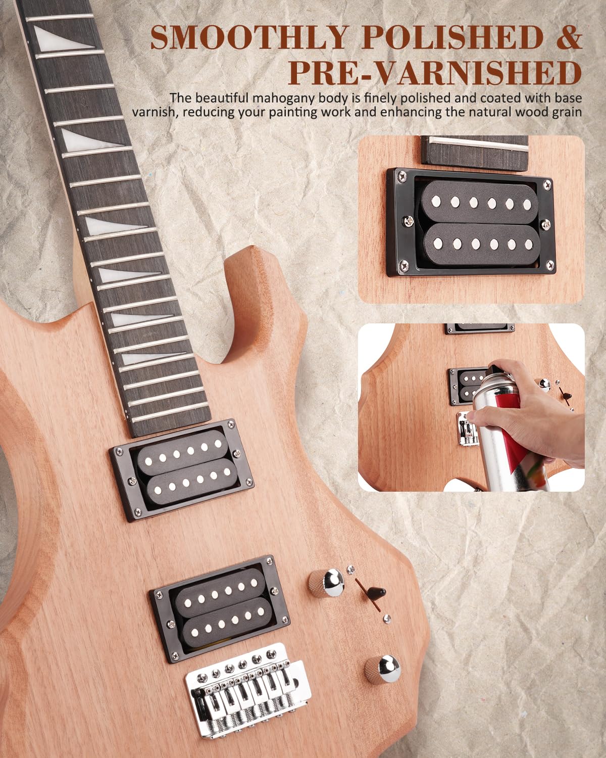 STRICH SFR-D30 Kit de guitare électrique à monter soi-même, corps supérieur flammé brut, configuration de micro HH