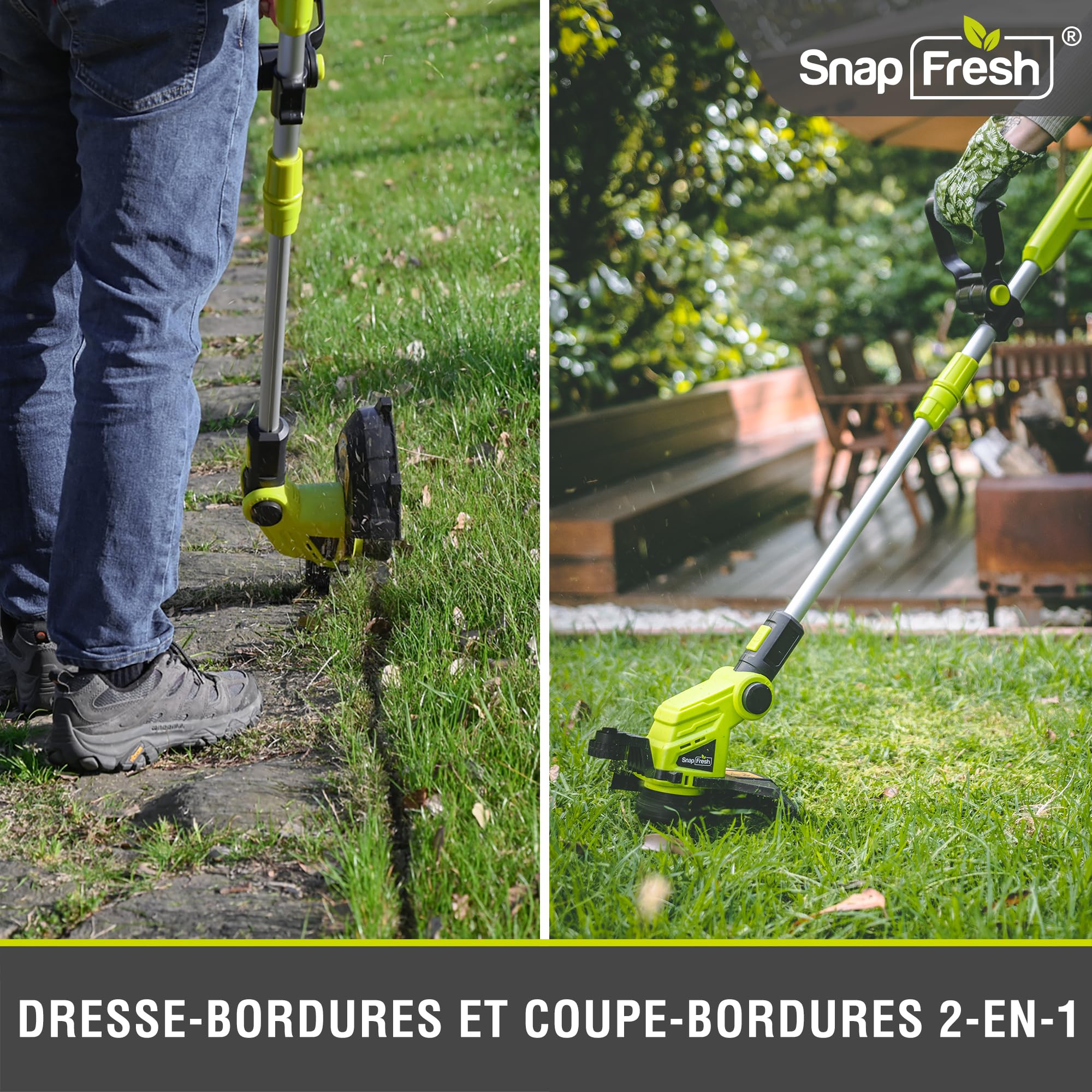 SnapFresh Coupe-Bordures Taille Dresse-Bordures à Fil Diam. de Coupe 30,5 cm Électrique 20V Débroussailleuse sans Fil avec Batterie, 2 Bobines de Fil 2mm x 4,5m, Tube Télescopique, Poignée Réglable