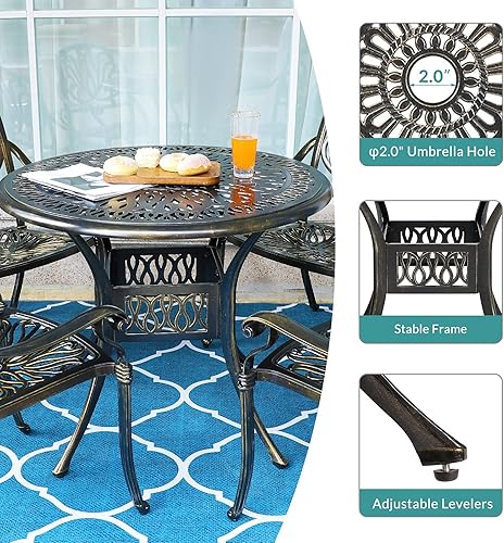 Miniatura 4 de MEETWARM Mesa de comedor redonda de 35.4 pulgadas para patio, mesa de comedor de aluminio fundido para exteriores con agujero para sombrilla de 2