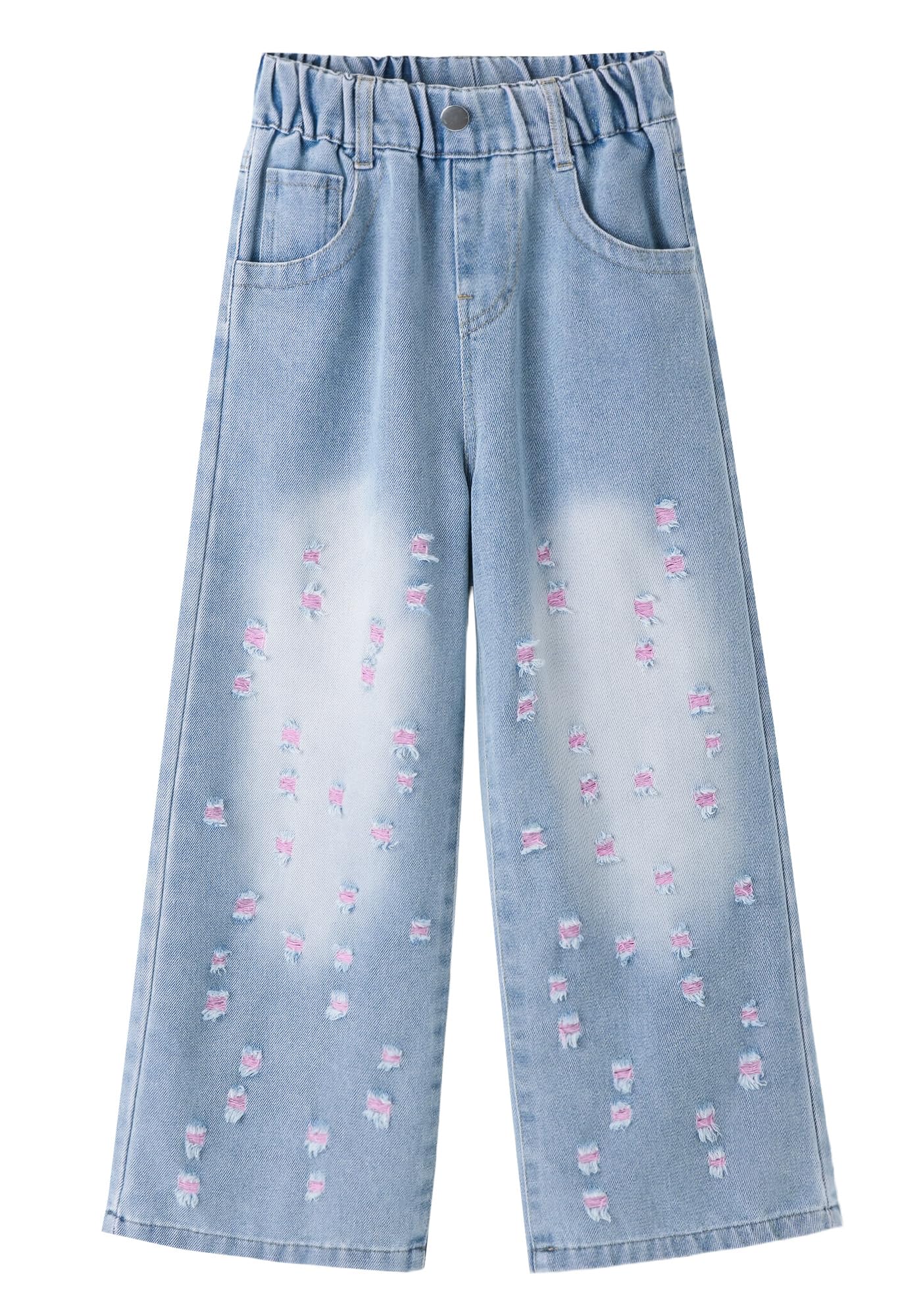 Jeans rasgados para niñas, cintura alta elástica, pierna ancha, pantalones de mezclilla desgastados con bolsillos, holgados, casuales, ropa de calle 5-14 años