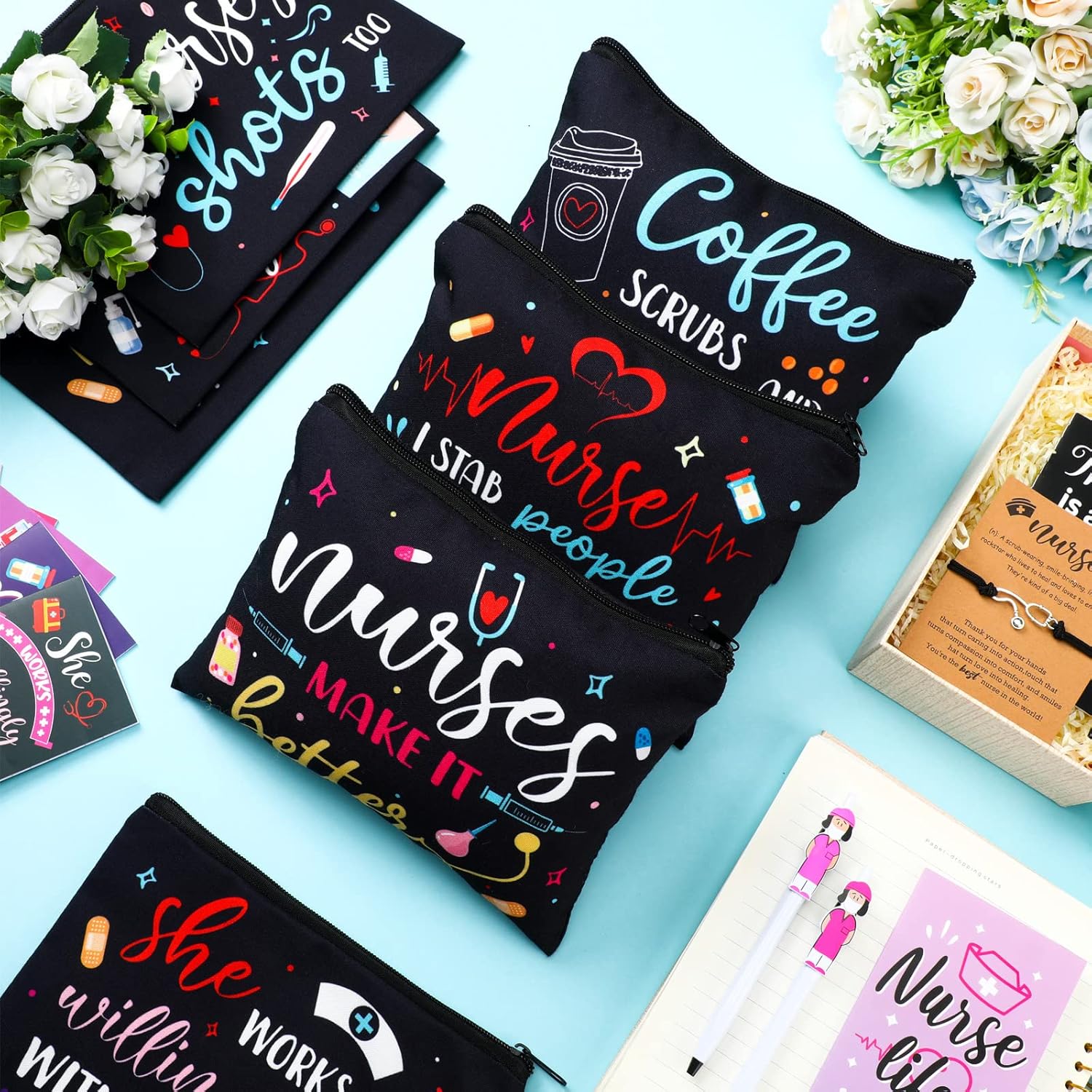 Sabary 48 Pcs Nurse Appreciation Gifts Set 12 Nurse Makeup Cosmetic Bag 12 Notebooks Pocket Journal 12 Doctor Nurse Ballpoint Pens 12 Stethoscope Rn Bracelet for Nursing Students School (Novelty) - Image 7