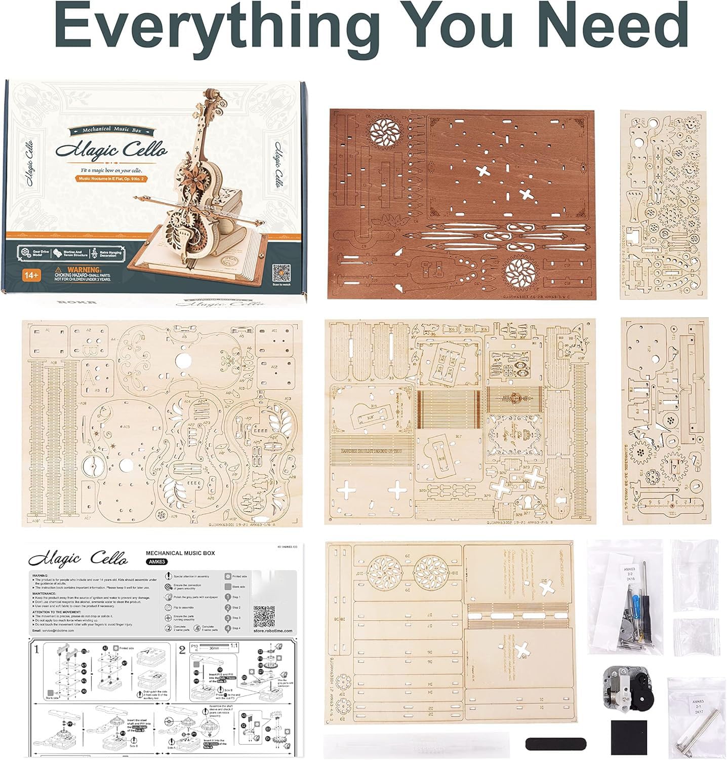 ROBOTIME Drewniane puzzle 3D dla dorosłych, zestaw modelarski do budowania, magiczna wiolonczela, pozytywka, model koła zębatego, zestaw do majsterkowania, prezent dla mężczyzn i kobiet