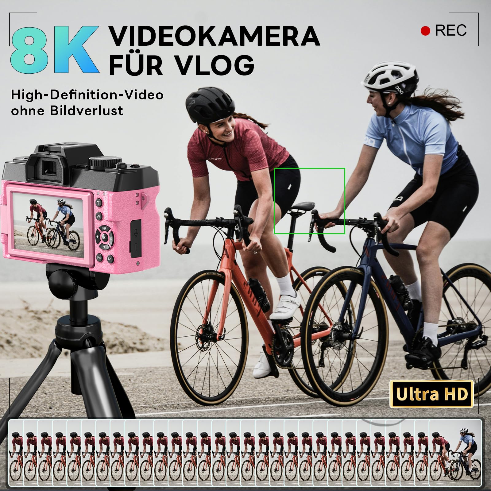 NBD 8K Digitalkamera 64MP Autofokus 16X Zoom 3" 180° Klappdisplay WiFi Weitwinkel Makro Linse 2 Akkus 64GB Karte Mikrofon Rosa