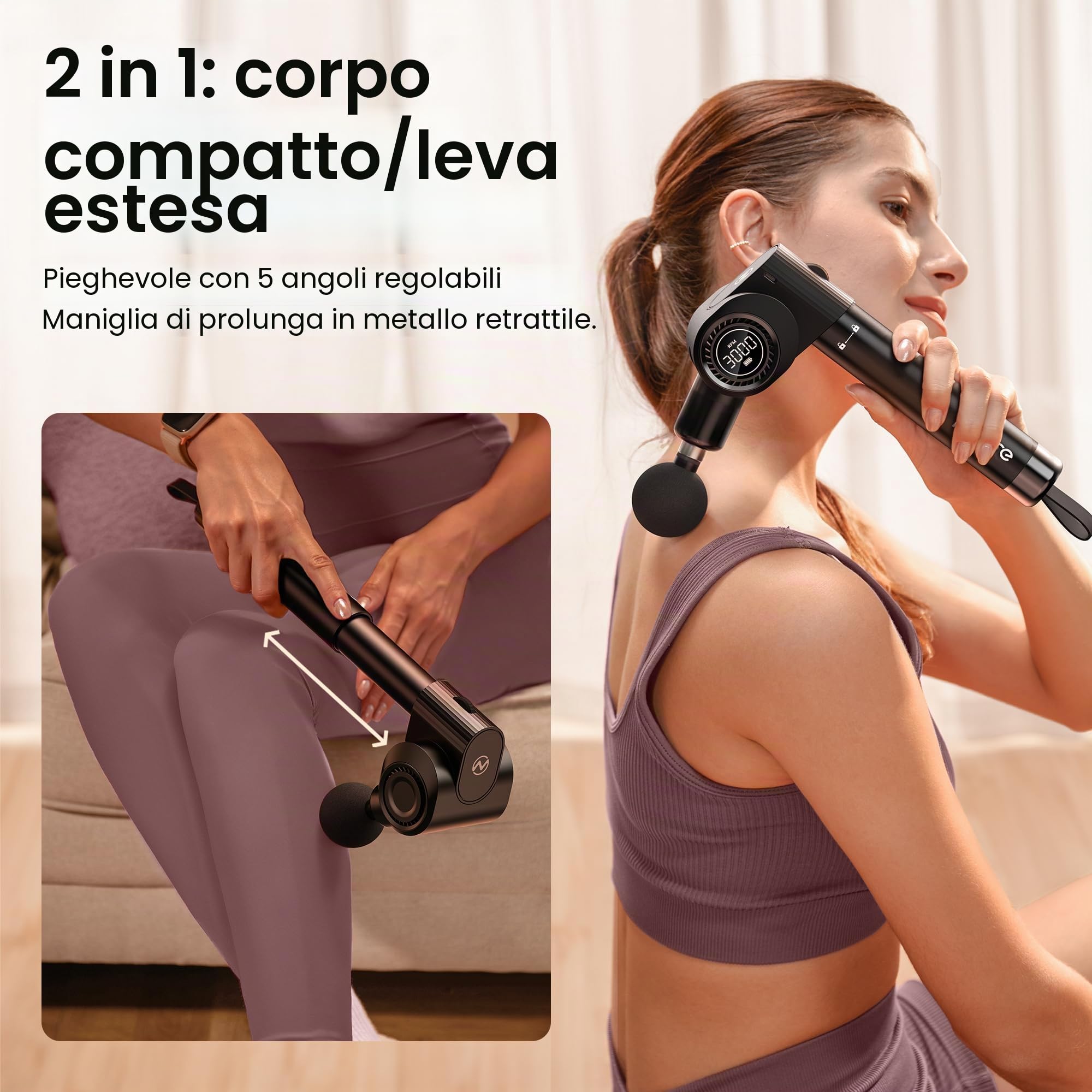 Pistola Massaggio Pieghevole NAPRE: Manico Estensibile & 5 Angoli, Massaggio Schiena/Tessuti Profondi per Dolori, Percussione, 32 Velocità, 6 Testine Silenziosa con Custodia