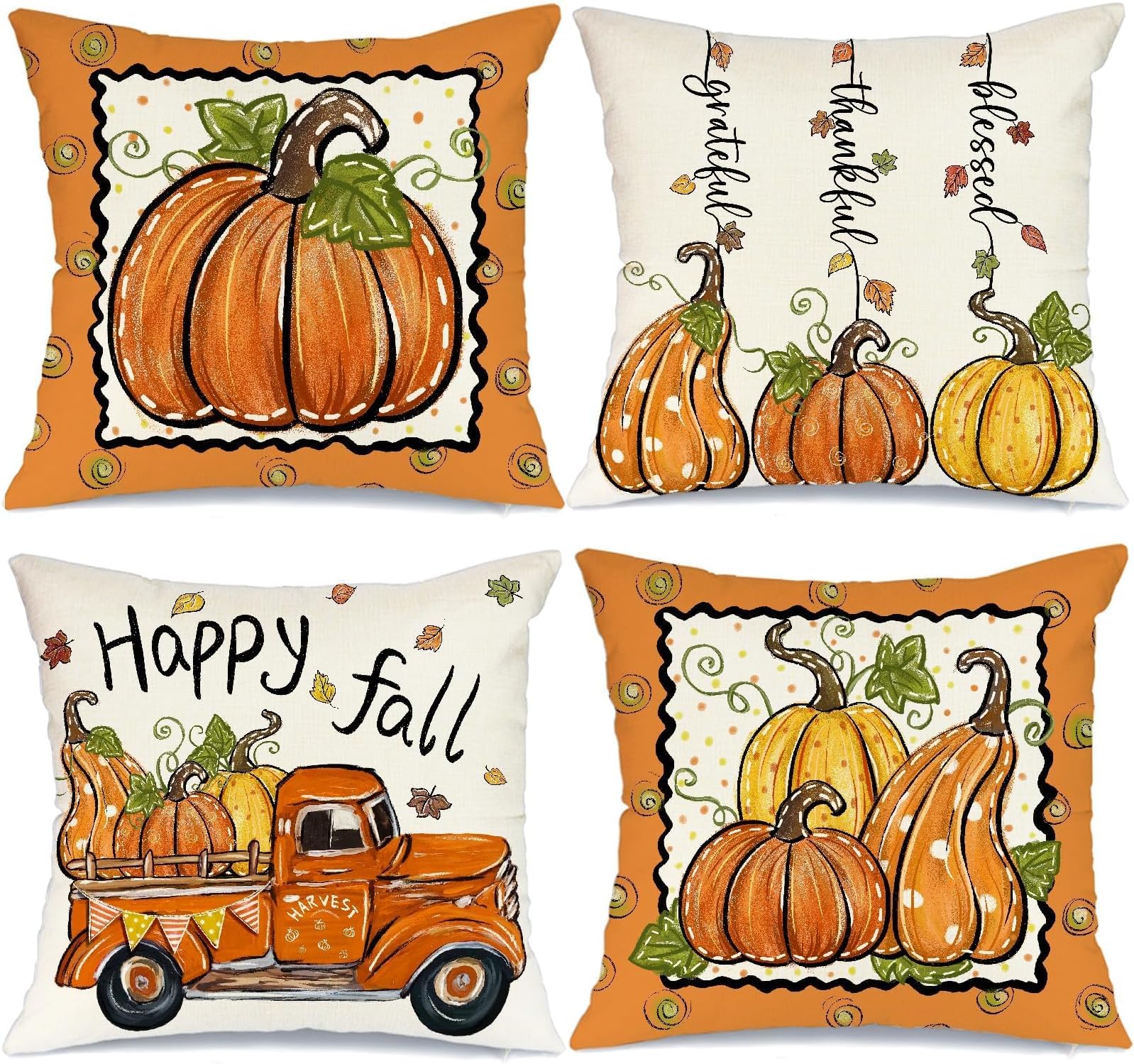 GEEORY Fall Pillow Covers 18 x 18 Inch Set of 4, Happy Fall Pumpkins Blessed Thankful Grateful Rustic Cushion Cases Farmhouse Decor for Home Party Sofa Couch (Orange) G357-18