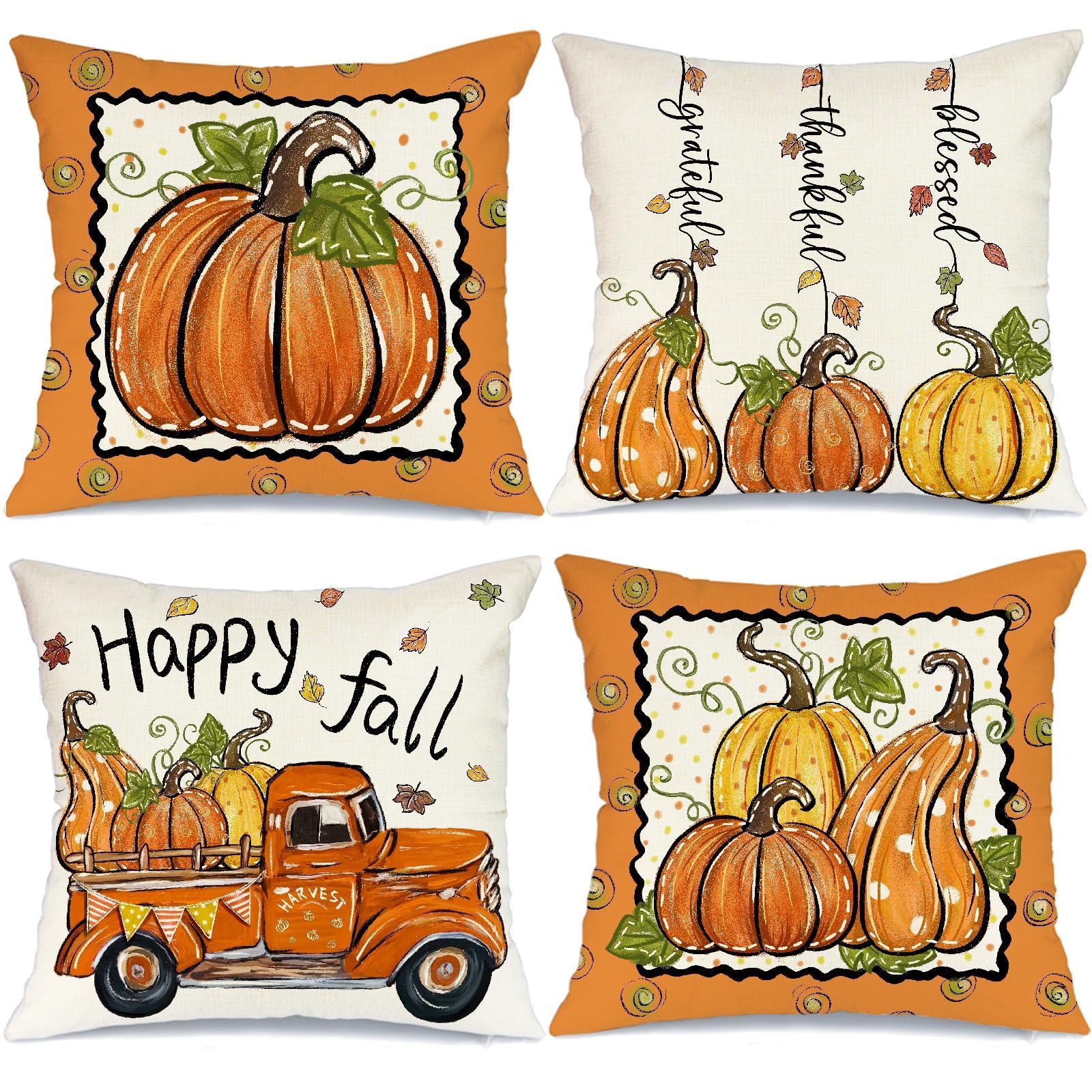 GEEORY Fall Pillow Covers 18 x 18 Inch Set of 4, Happy Fall Pumpkins Blessed Thankful Grateful Rustic Cushion Cases Farmhouse Decor for Home Party Sofa Couch (Orange) G357-18