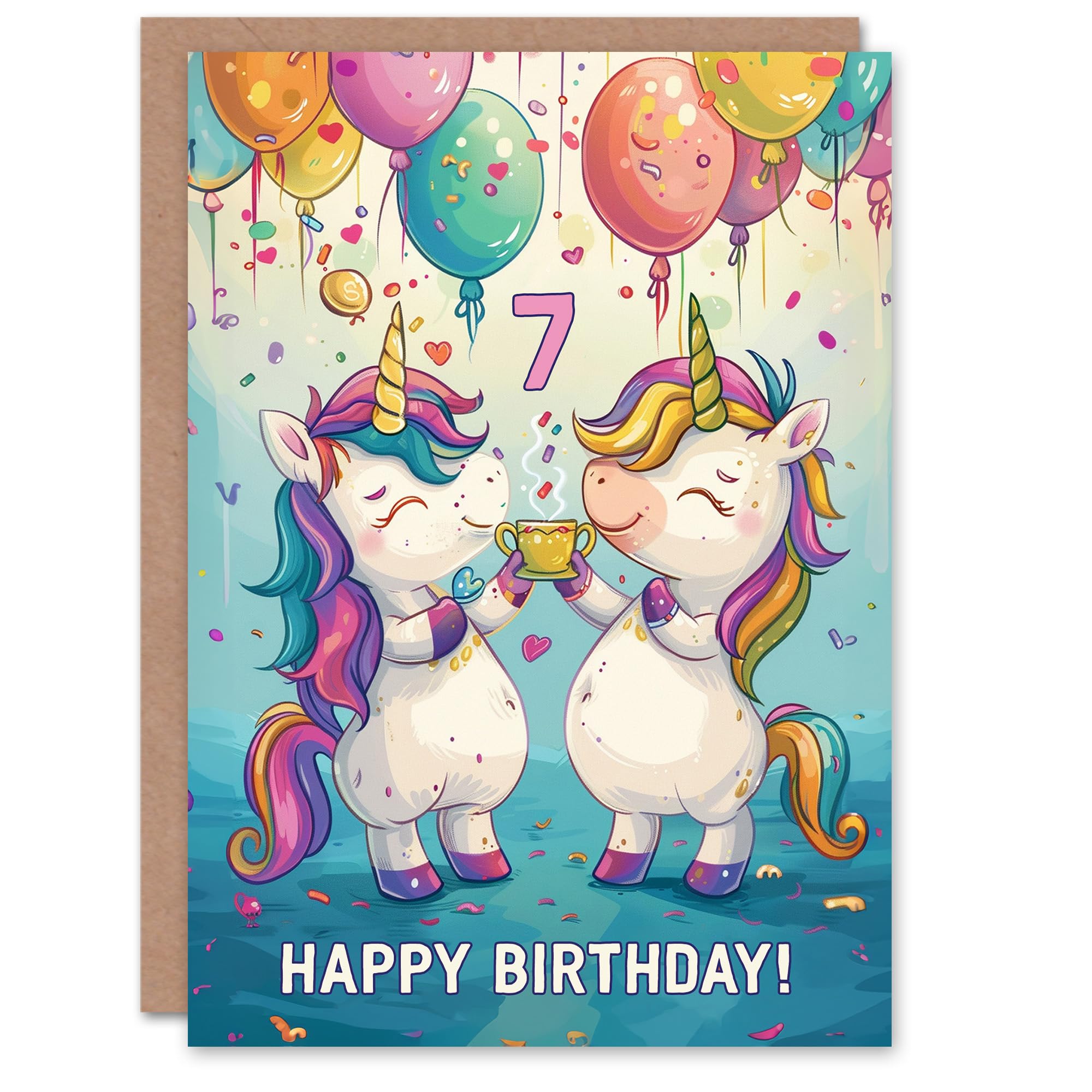 Artery8 Greeting Card - 7th Birthday - Unicorn Party Balloons - Multicolor