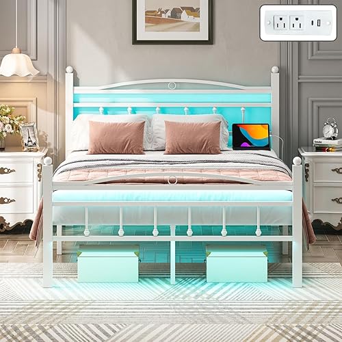 Miniatura 9 de Marco de cama tamaño completo con cabecero, marco de cama de plataforma de metal con estación de carga y luces LED, espacio de almacenamiento de 12