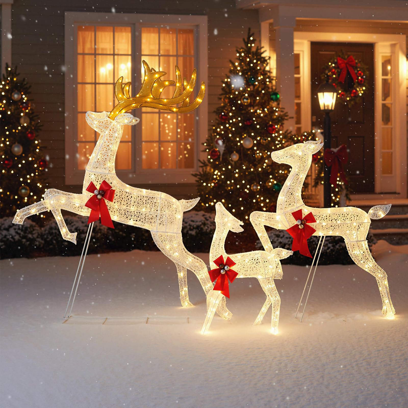 COSTWAY 3 teiliges LED Rentier Familie groß, beleuchtete Weihnachtsdeko XXL, Weihnachtsfigur mit 330 warmweißen Lichtern & Schleifen, Weihnachtsbeleuchtung, Weihnachtsdekoration für Außen & Innen