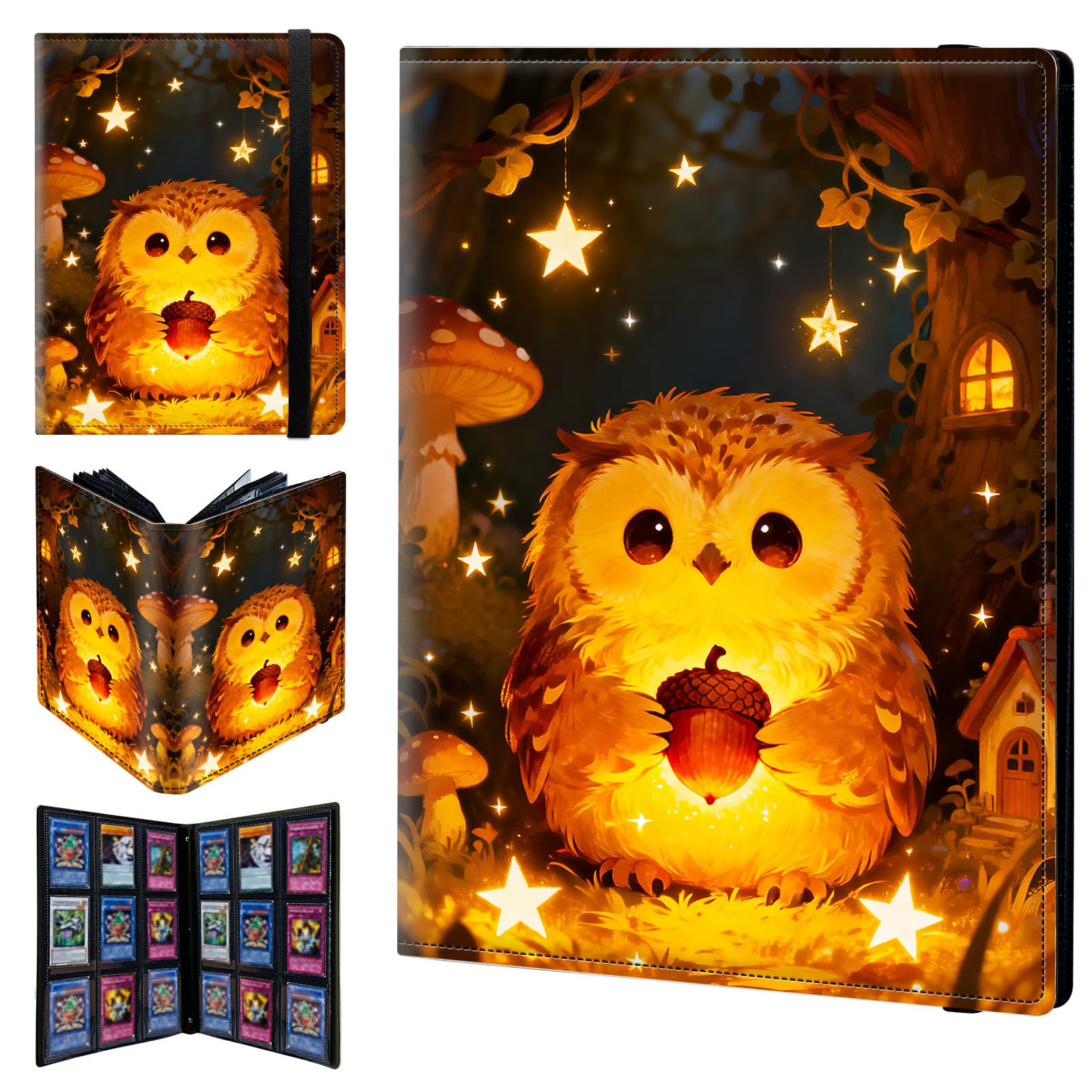 9 Pocket Trading Card Binder 540 Side Loading Pocket Album with Cute Owl and Mushroom Pattern Design Card Binder for Sports Cards & Game Cards