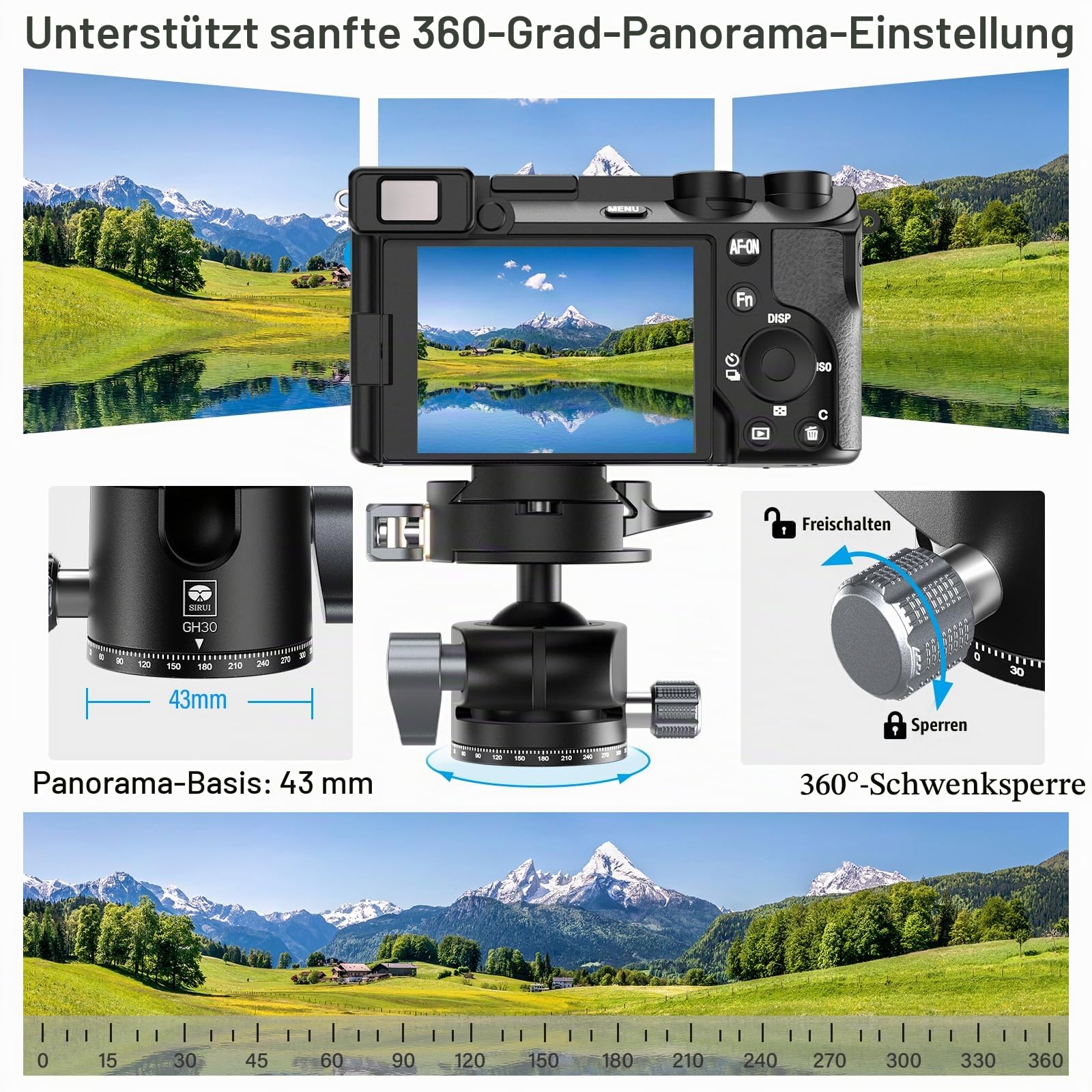 SIRUI Kugelkopf Niedriges Profil-Stativkopf GH30 mit Arca-Schnellwechselplatte, 360°Panorama Metall Kamera Kugelkopf mit 1/4 Zoll und 3/8 Zoll Gewindeloch für Einbeinstativ, DSLR, Telefon usw.
