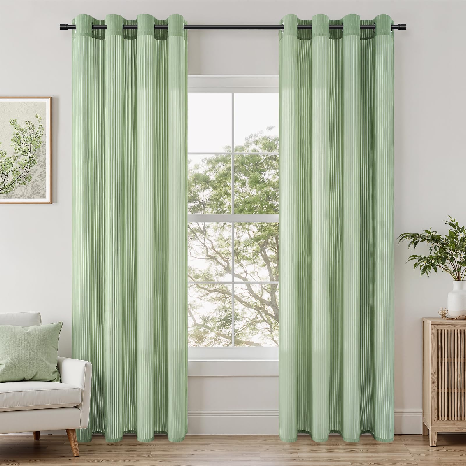Topfinel Sheer Curtain 2er Set Schlafzimmer Vorhänge mit Ösen Vorhang Mit Vertikalem Streifenmuster Transparent Voile Stores Gardinen Wohnzimmer Modern 140x225cm Salbeigrün