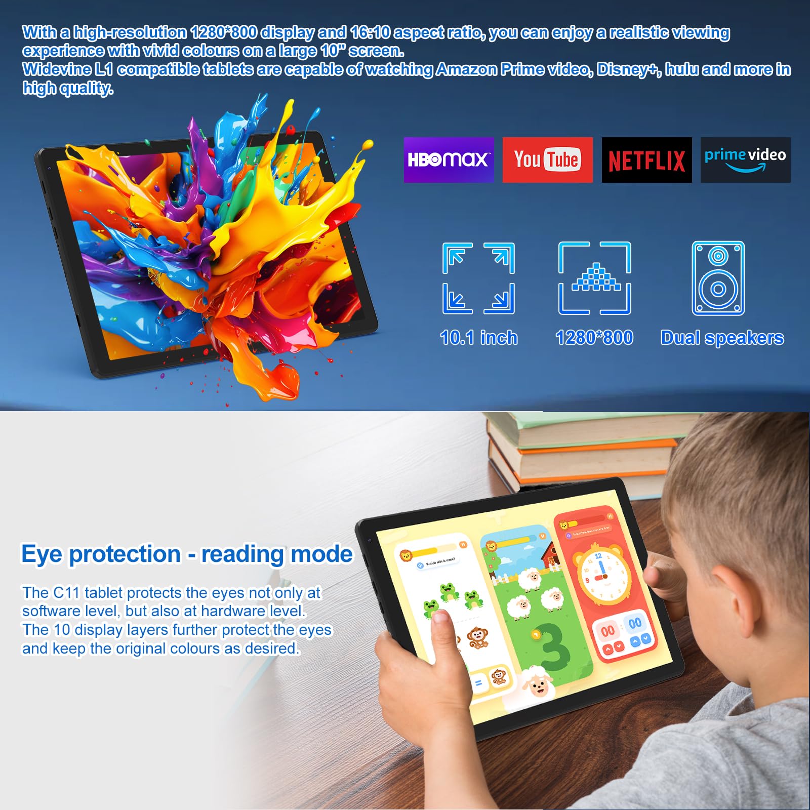 Tablet 10 Pulgadas - HotLight Tablet Android 14 8GB RAM+64GB ROM(1TB TF), 1280 * 800 FHD IPS, Cámara 8MP+5MP, Batería 5000mAh, GMS Certificación Widevine L1, Facciale ID, OTG, 5G+2.4G WiFi 6, BT5.4 — view 6