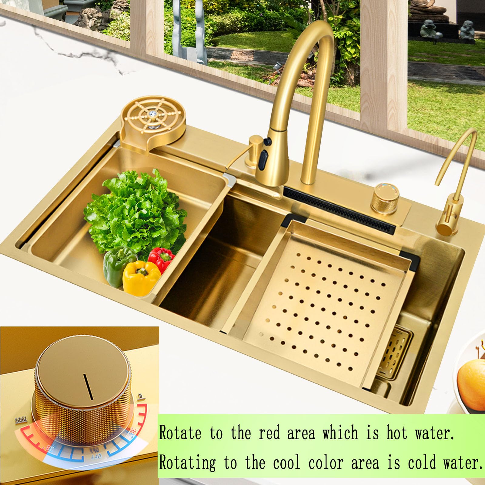 Fregadero multifuncional pila de lavar fregadero multifuncional fregadero cocina 1 seno con escurridor encimera fregadero acero inoxidable(80 x 45 x 22 cm, dorado)