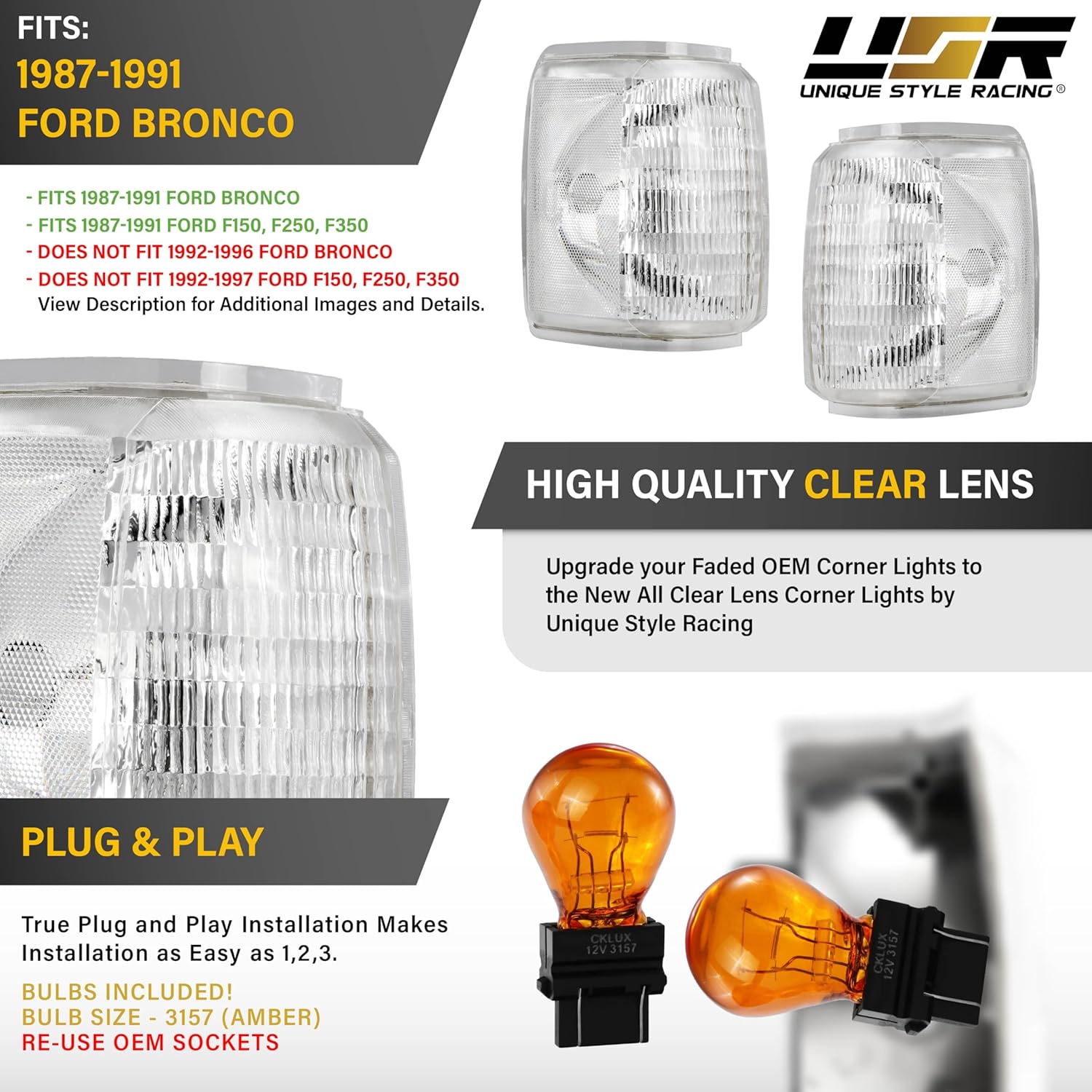 USR 87-91 Bronco Corner Light – Turn Signal Lamps (Left + Right) Pair - Compatible with 1987-1991 Ford Bronco Full Size SUV / F150 F250 F350 / F-150 F-250 F-350 (CLEAR CORNER LIGHTS w/AMBER BULBS)