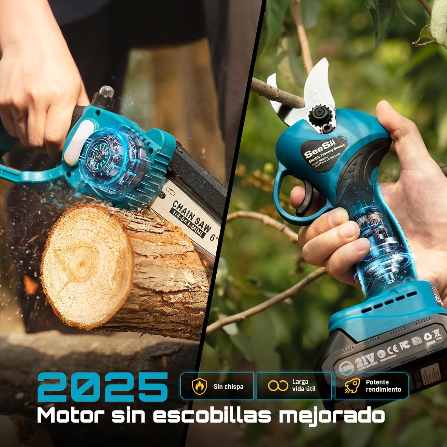SEESII Mini motosierra a batería de 6 pulgadas y tijeras de podar eléctricas de 33 mm, kit de herramientas de jardín 2 en 1 con baterías de 22000 mAh, motor sin escobillas, ideal para cortar troncos y ramas