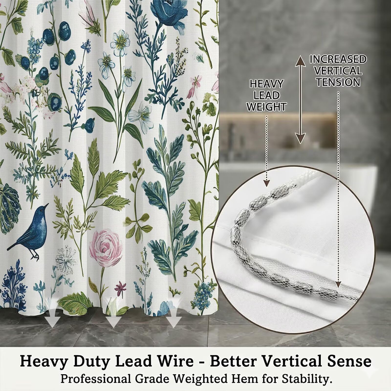 Duschvorhang 300 x 200 cm Stoff für Badezimmer & Badewanne, Wasserabweisend Duschvorhänge mit Beschwerter Saum & Bleiband, Blickdicht Textil Vorhang Polyester Waschbar inkl Ringe (Vogel Blume), Q-o900