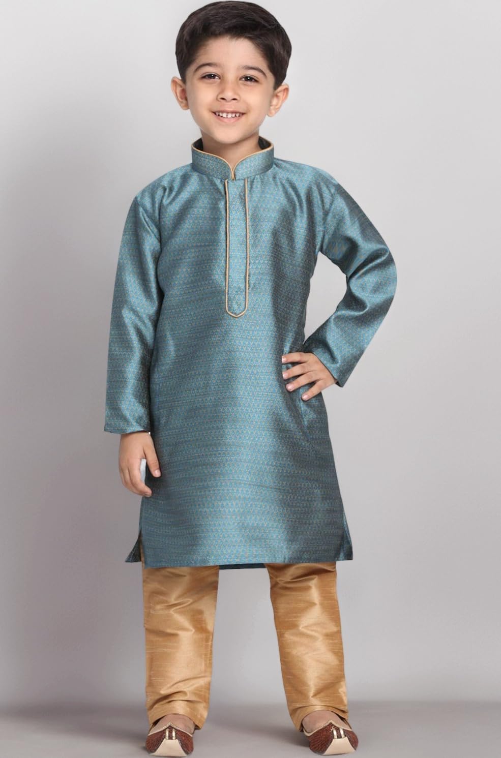 JBN Creation Boys' Full Sleeve Silk Blend Kurta Pyjama Set with Mandarin Collar, Featuring Ethnic Motifs, Self-Design, and Embellishments - Perfect for Festivals and Special Occasions