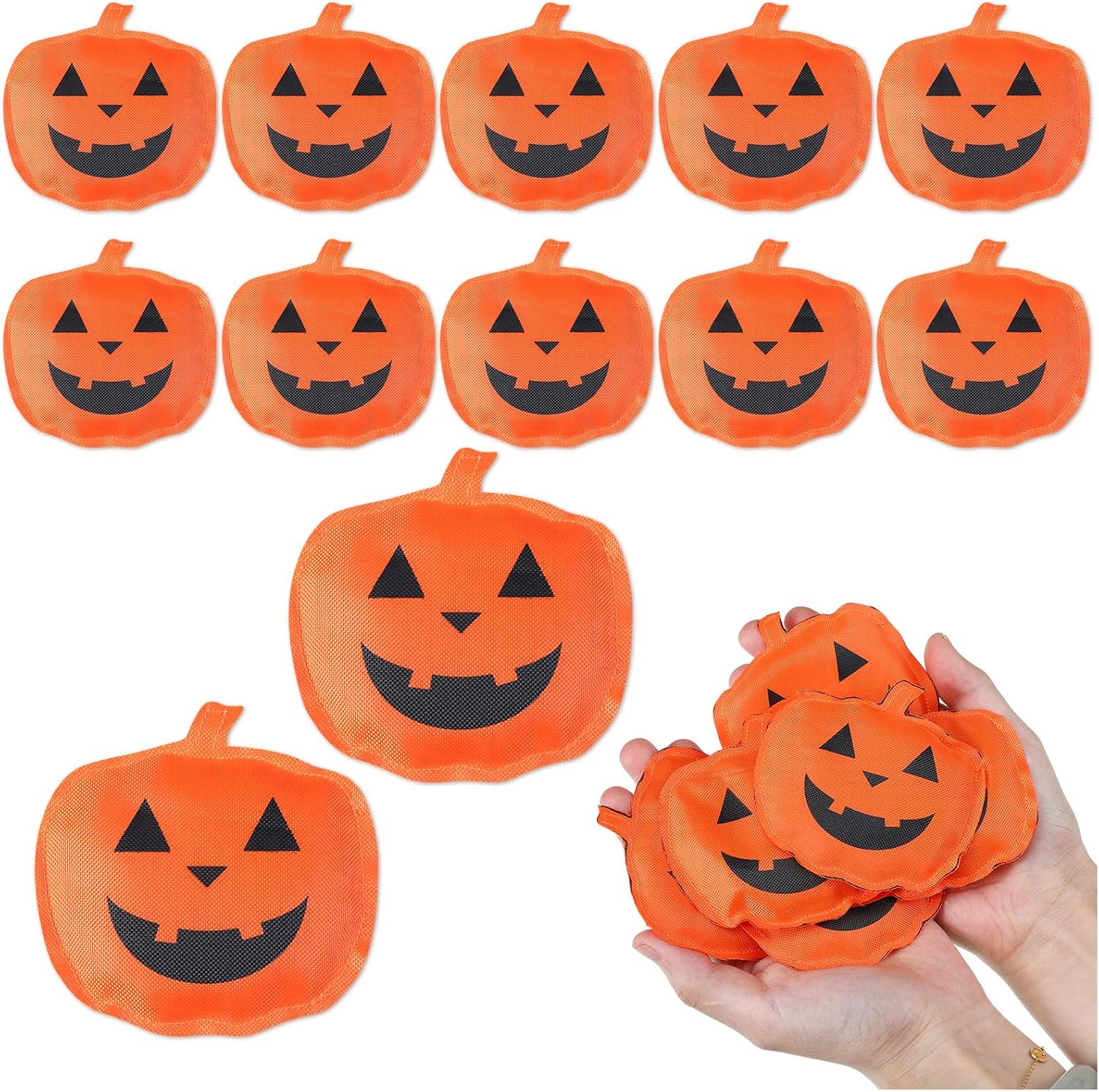 Libima 12 Pcs Halloween Pumpkin Bean Bags Jack-O'-Lantern Tossing Game | 3.15 x 3.15 Inch Nylon Beanbags, Jack O Lantern Face Print, Party Tossing Activities, Family Gathering Game Supplies
