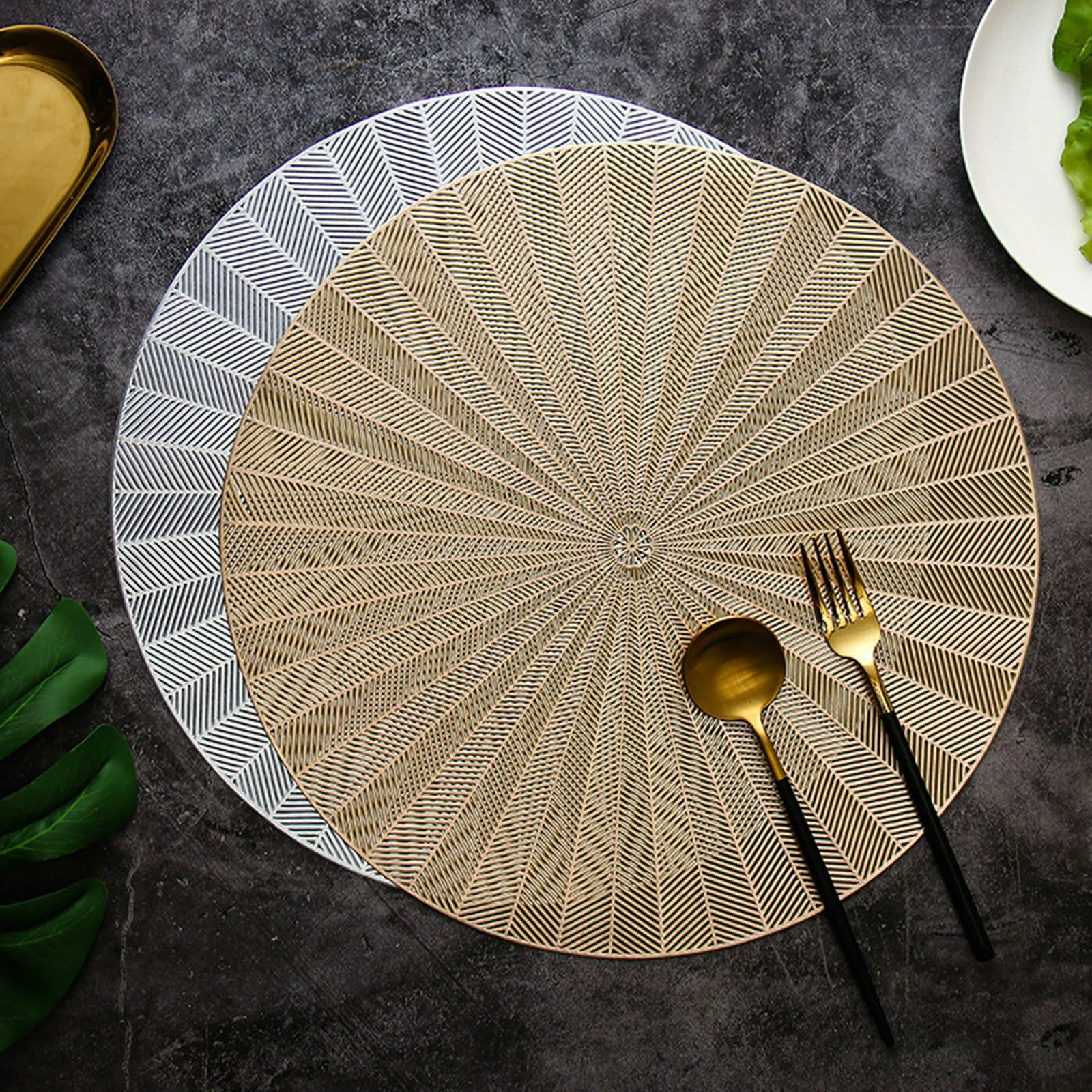 Juego de 6 manteles individuales de cocina redondos, lavables con diseño de flores circulares a rayas vacías, de PVC para Navidad, antideslizantes y resistentes al calor, color dorado, 38 cm