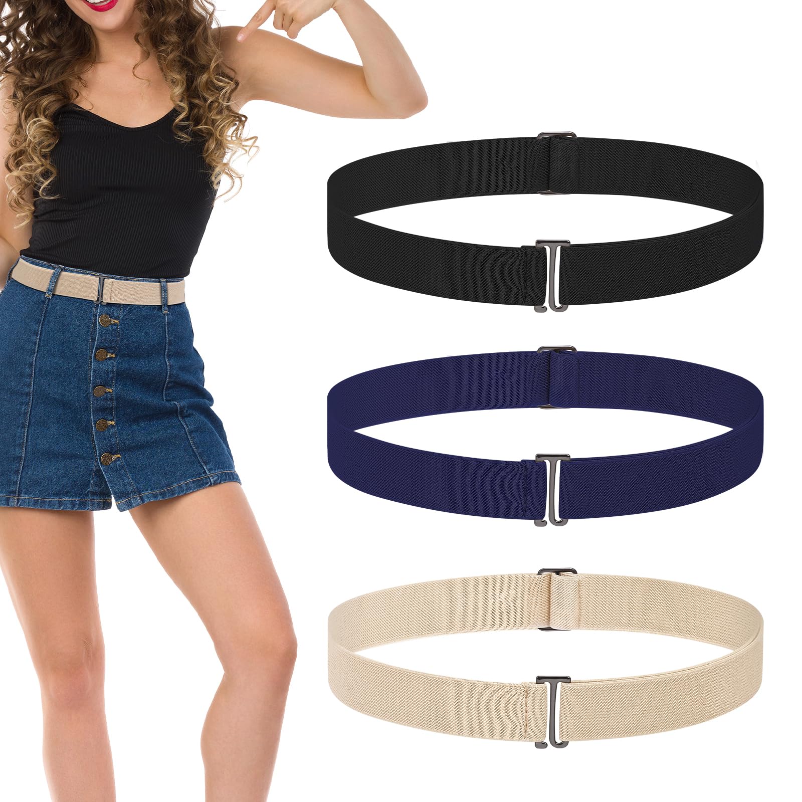 3 Pack Belts for Women No Show Stretch Belt with Flat Buckle Adjustable Elastic Waist Belts Womens Belts