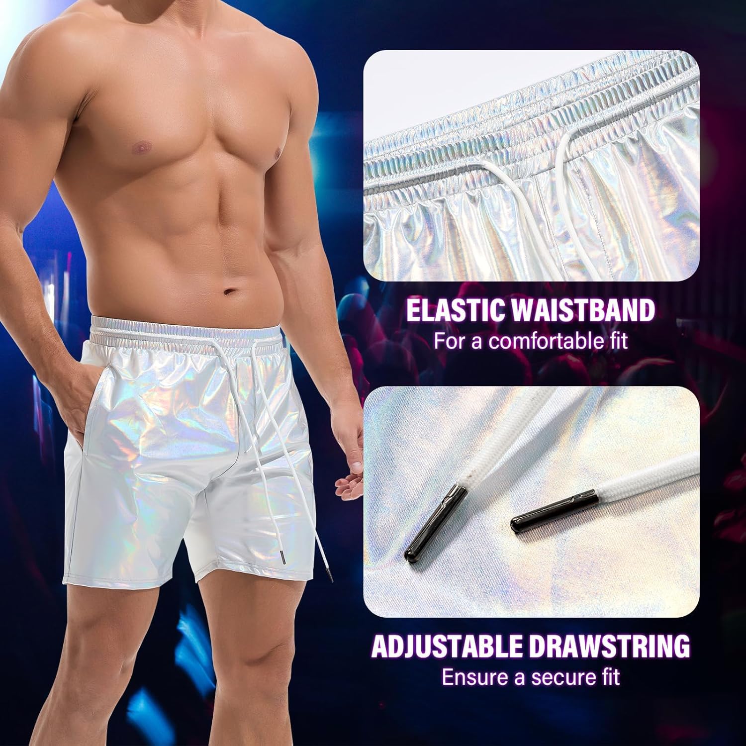 AMY COULEE Mens Metallic Shorts 5" Shiny Holographic Disco Shorts Outfit Sparkly Rave Hot Drawstring Shorts