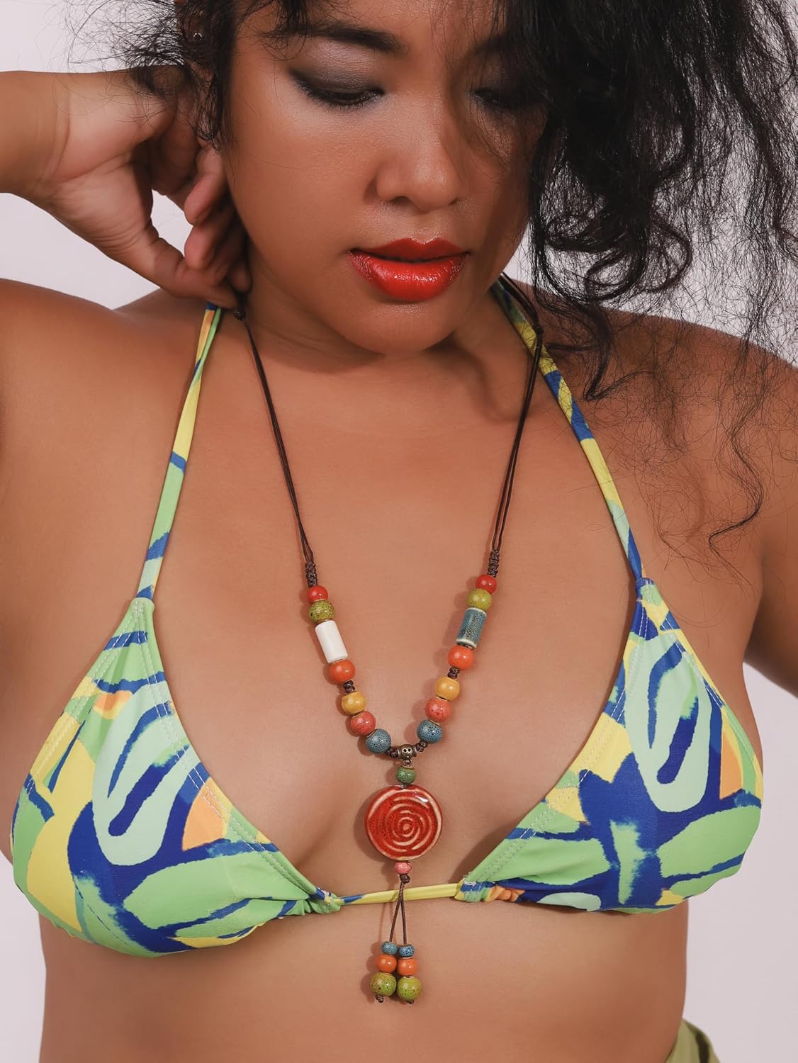 MINACHI Bohemian Colorful Ceramic Bead Chunky Center Pendant Y Necklace, Hippie Boho Summer Fashion Jewelry Gift for Women
