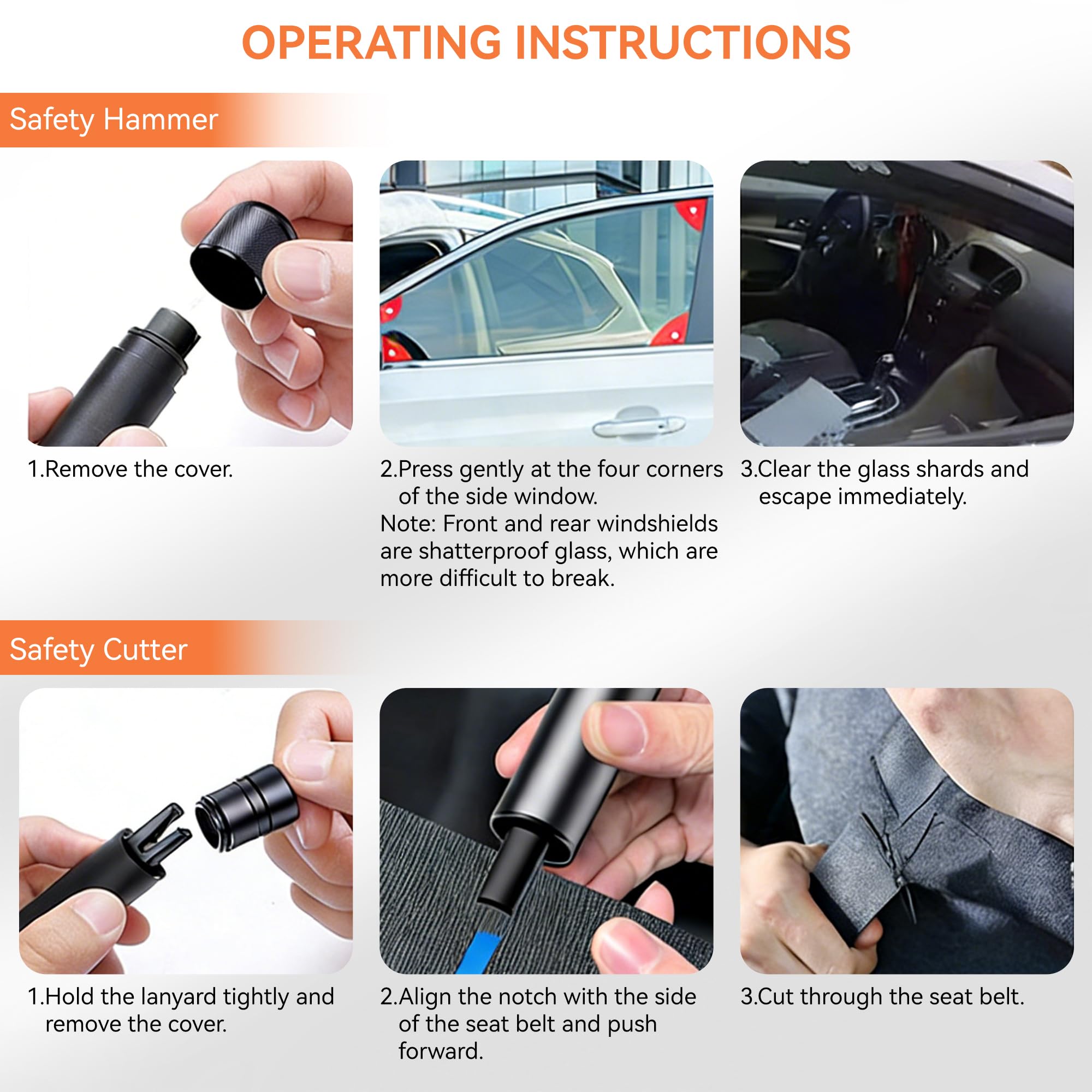 2 Pack Car Safety Hammer Escape Tool, 2 in 1 Seat Belt Cutter and Window Breaker with Test Glass, Heavy Duty Car Window Breaker & Glass Cutter for Vehicles, Emergency Seatbelt Cutter (Red & Black) — view 6