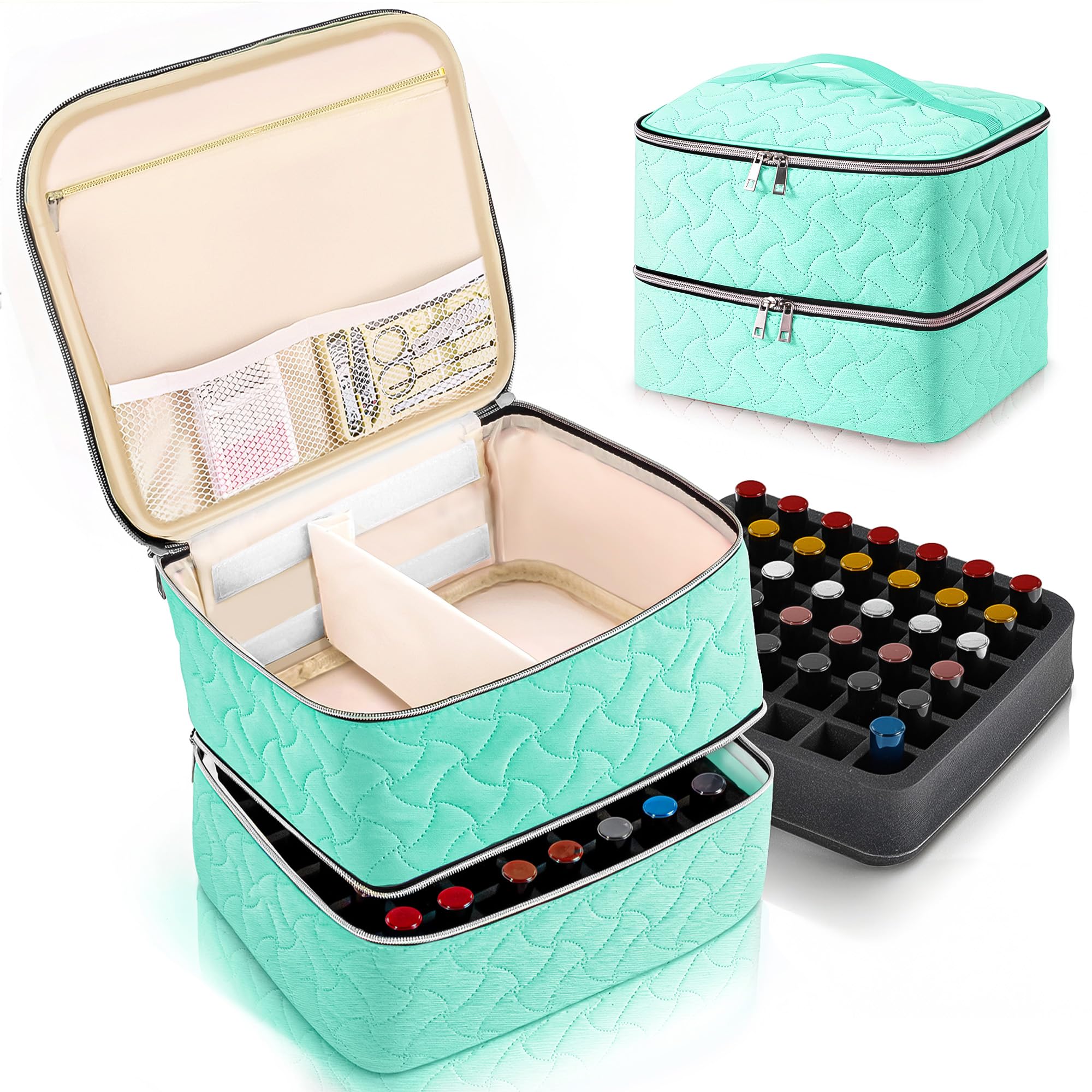 DreamGenius Nail Polish Organizer Case Holds 42 Bottles, Portable Double-Layer Nail Polish Storage Bag with Adjustable Dividers for Manicure Tools,