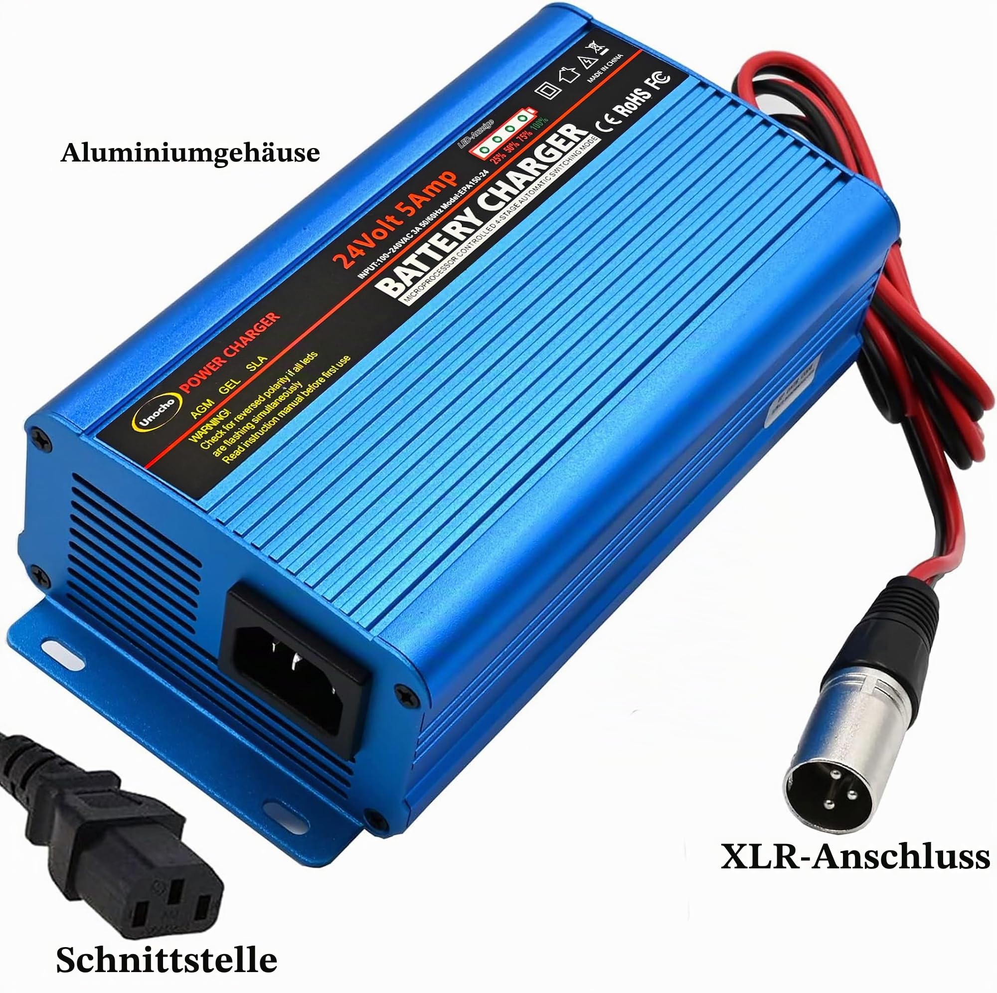 Unocho 24V 5A Batterieladegerät Erhaltungsladegerät 4-Stufen Smart Ladegerät für Bleiakkus mit 3-poligem XLR-Stecker Netzschalter und LED-Anzeige für Rollstuhl, Elektromobil, AGM Gel SLA VRLA