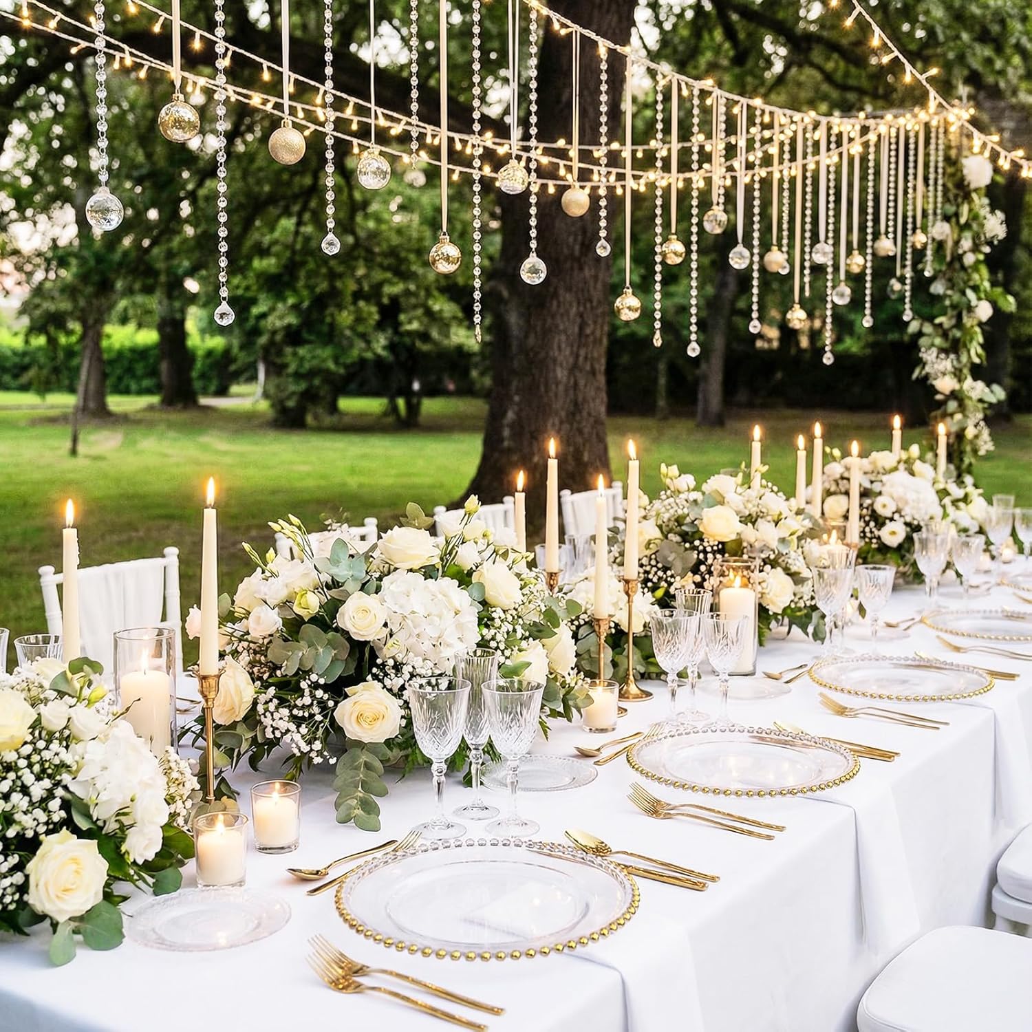 13" Acrylic Clear Charger Plates 10Pcs Elegant Gold Beaded Charger Plates Table Plate Chargers Decor for Wedding Reception, Holiday Party, Family Gathering & Daily Table Setting