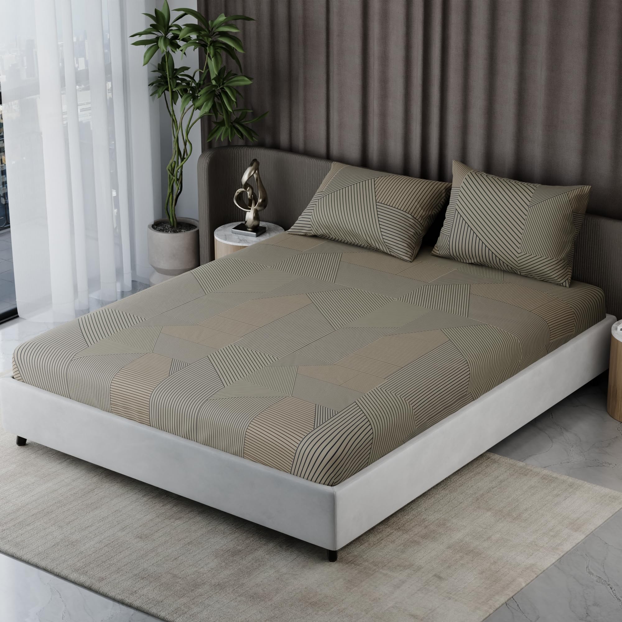 BLISSHOME Everlast 150TC King Size Fitted Bedsheet with 2 Pillow Covers, Aesthetic Bedding, Wrinkle Resistant, 100+ Wash Durable, Quick Dry, Geometric Pattern - Navy (228cm x 224cm +10” Drop)-image-12