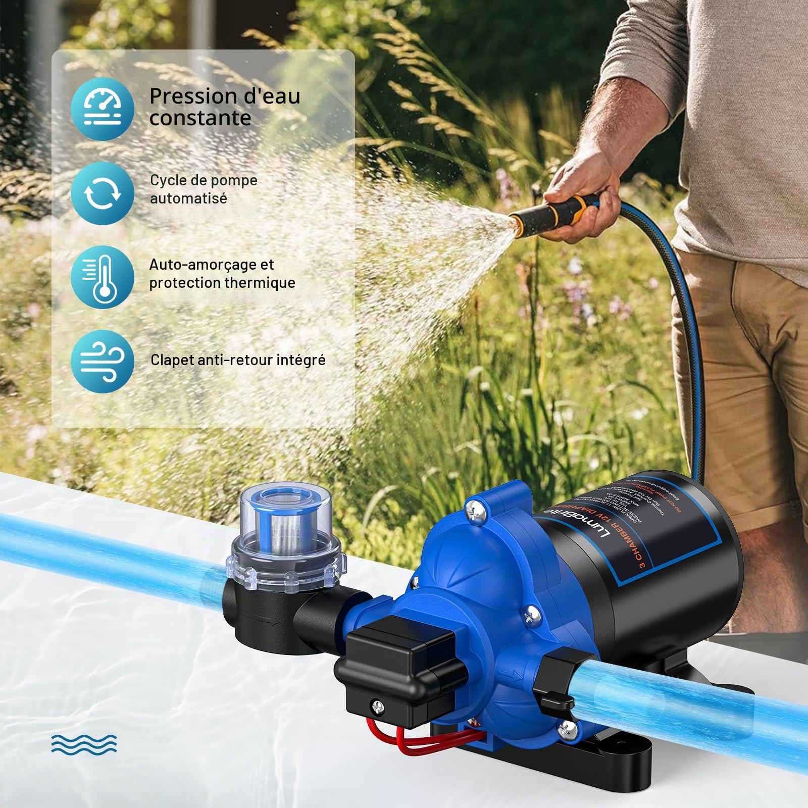 Pompe à eau 12V, Pompe à Membrane 3.0GPM 50PSI Pompe a eau Camping Car à eau auto-amorçante pour Camping-car, Yacht, Jardin