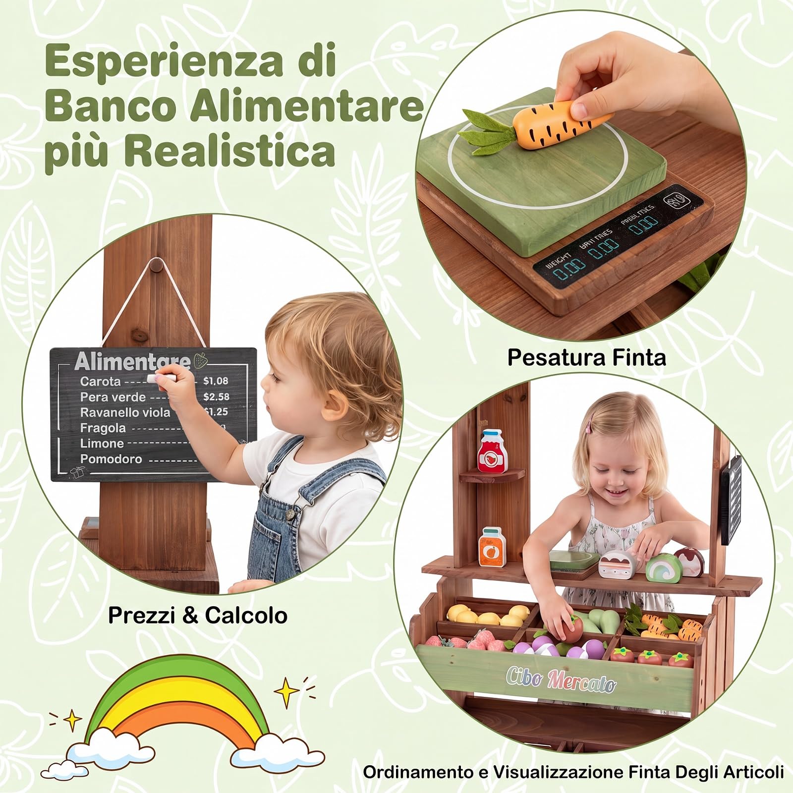 COSTWAY Bancarella in Legno per Bambini, Banco Mercato Giocattolo | con 6 Vani e 2 Cestini Estraibili, con Tetto, Lavagna, Bilancia e Accessori, per Bambini 3+ Anni, 50 x 33 x 91 cm