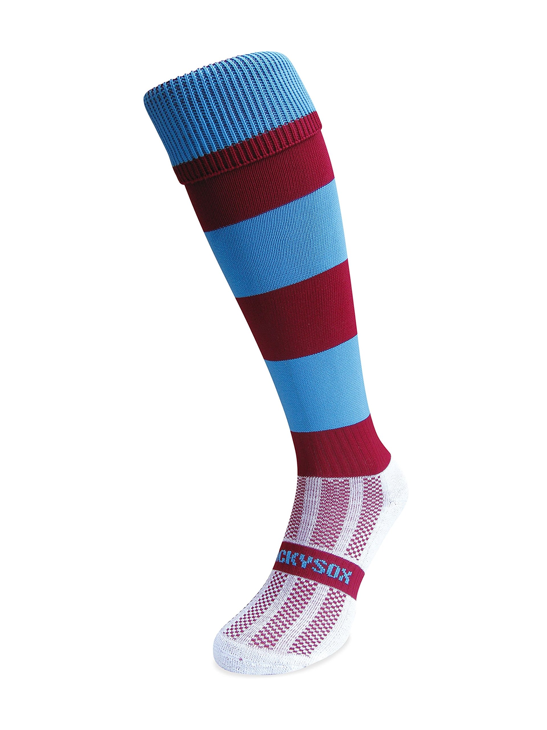 WackySox Maroon and Sky Blue Hoop Knee Length Sports Socks, Rugby Socks, Hockey Socks'