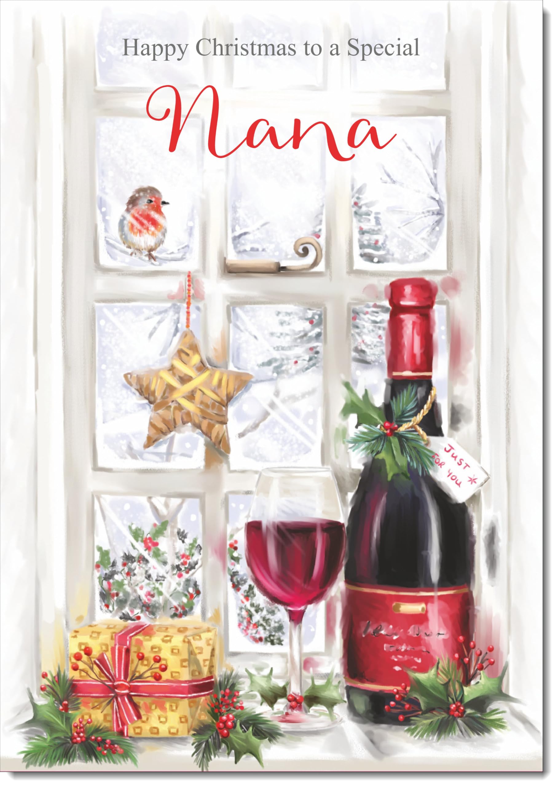 doodlecards Nana Christmas Card Red Wine Bottle Large A4 Size Christmas Card for Nana with Plain Envelope