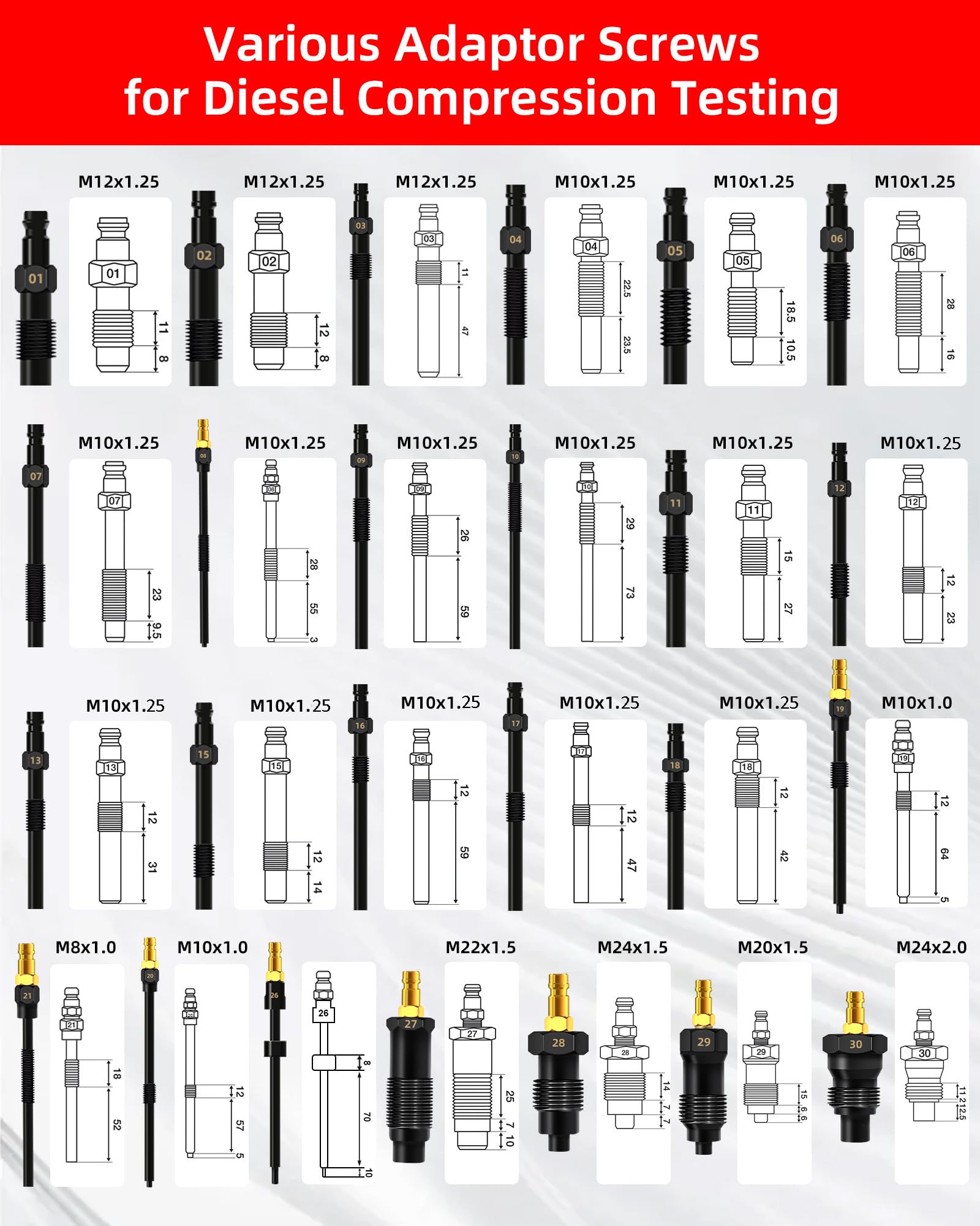 RUIZHI 46pcs Comprobador de Compresión - 0-50 bar | 0-725 psi, Comprobador de Motores para Motores Diésel y Gasolina HDi, TDCi, Automóviles, Camiones, M8, M10, M12, M14, M20, M22, M24