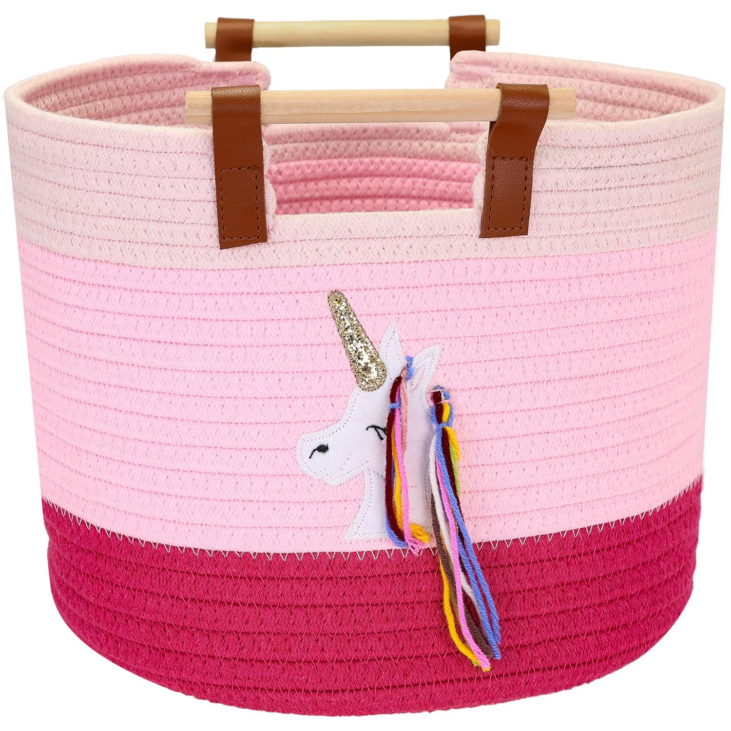 HMF Storage Basket with Wooden Handles, Round Cotton Basket for Children's Room or Baby Room | Unicorn | 30 x 30 x 24 cm