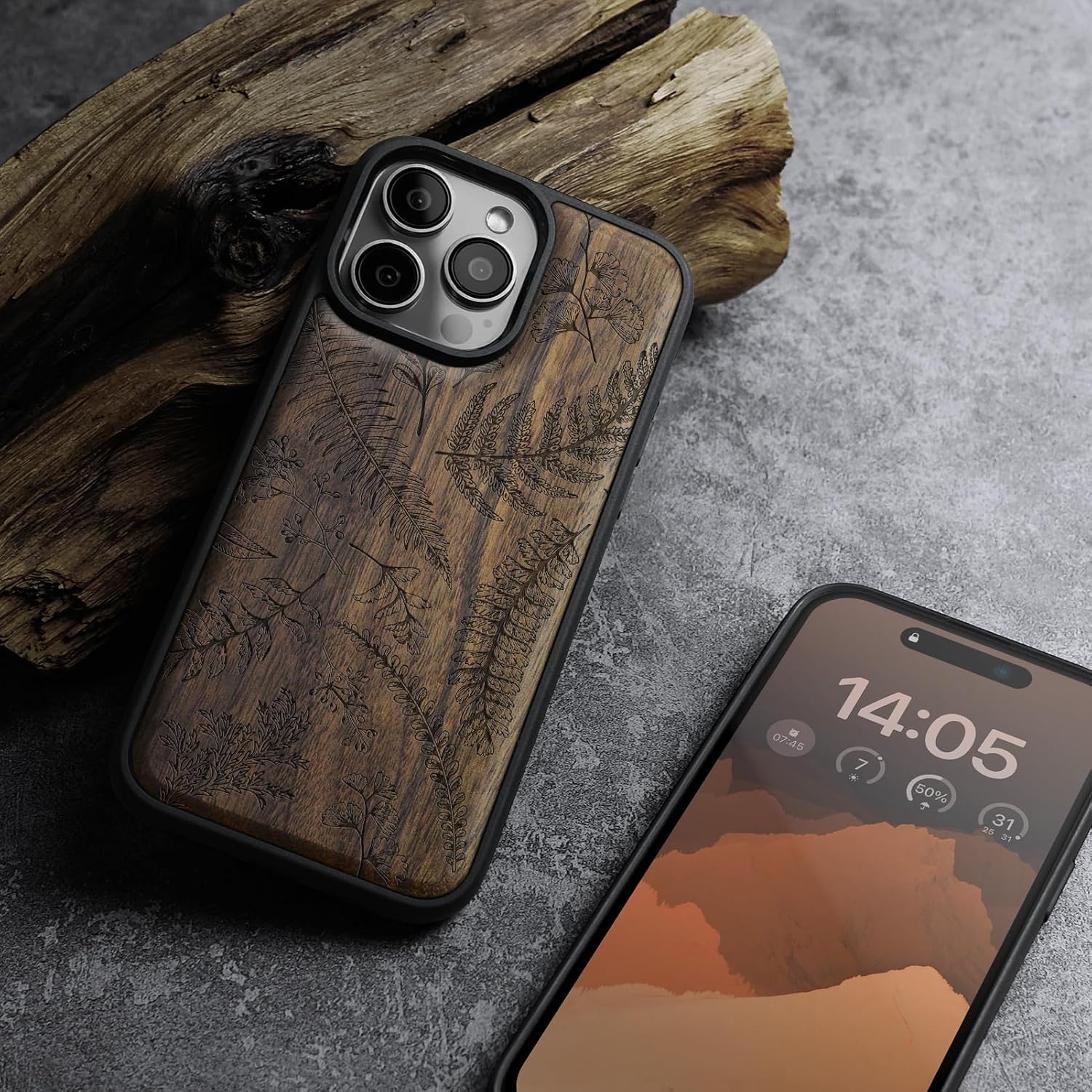 Carveit Magnetic Wooden Case for iPhone 16 Pro Case, Wood Artisan Engraved & Black Soft TPU Shockproof Cover, Compatible with MagSafe Wireless Chargers (Fern Leaves & Herbs) Walnut