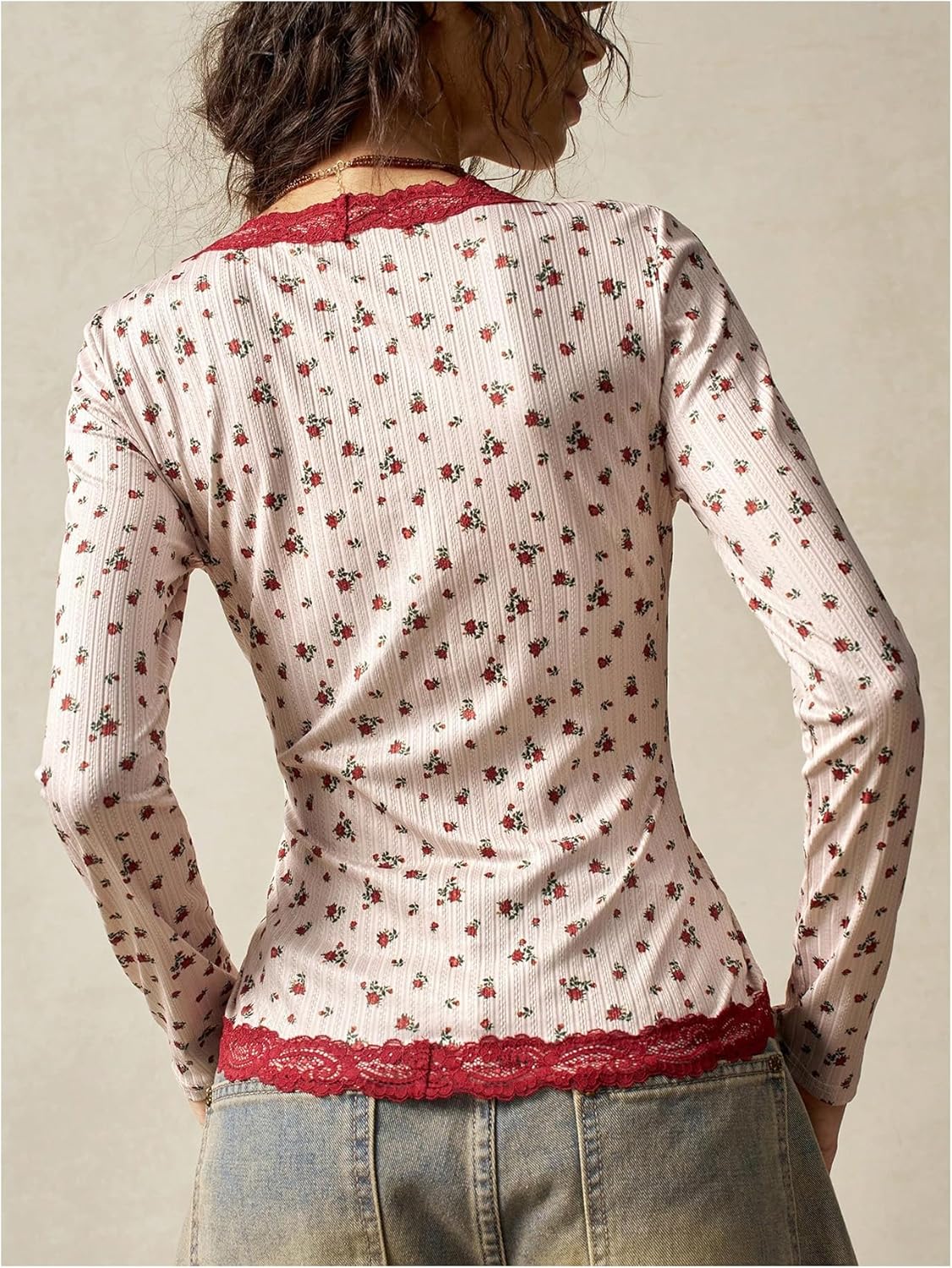 MakeMeChic Women's Cute Tops Floral Lace V Neck Long Sleeve Y2k Boho Tops Button Down Shirts - Image 2