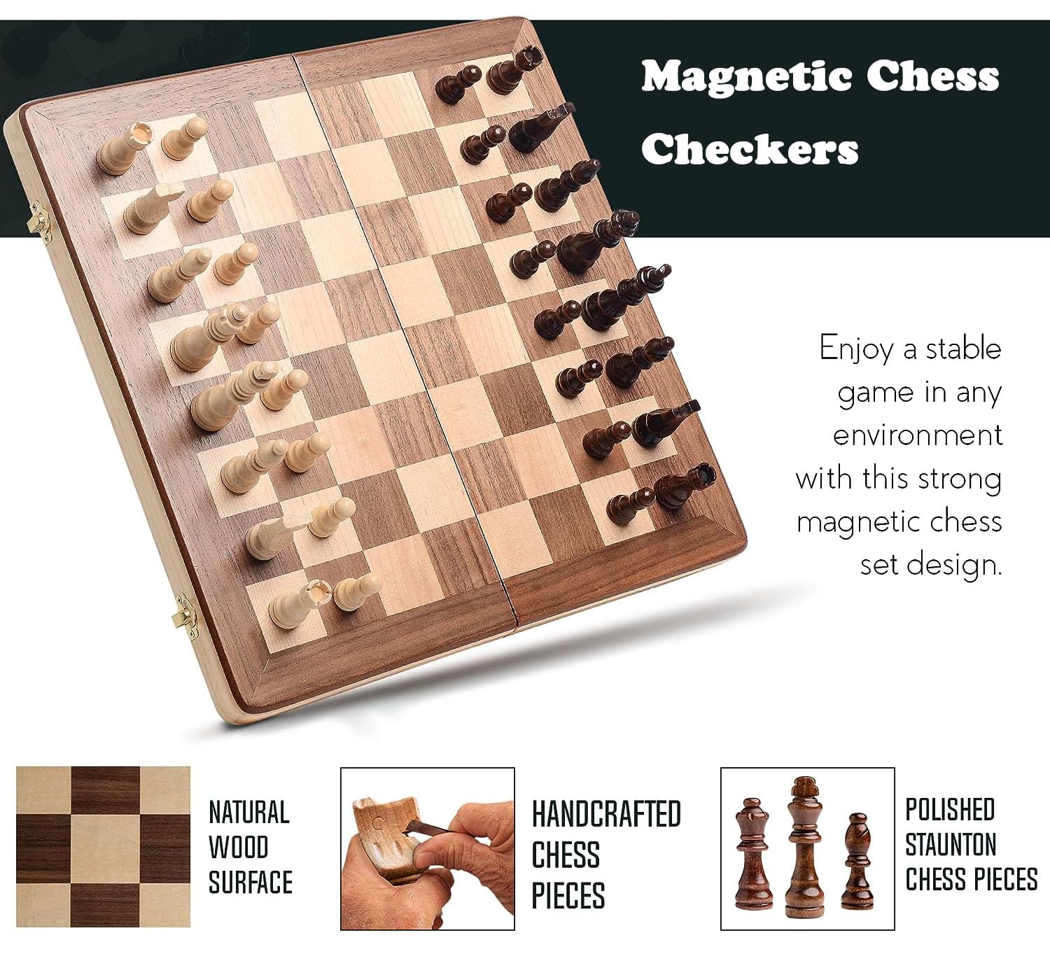 Ajedrez Ajedrez estándar internacional plegable, damas y ajedrez, juego de mesa de madera magnético 2 en 1, caja de almacenamiento de 15 pulgadas, bolsa para 2 jugadores ajedrez clásico
