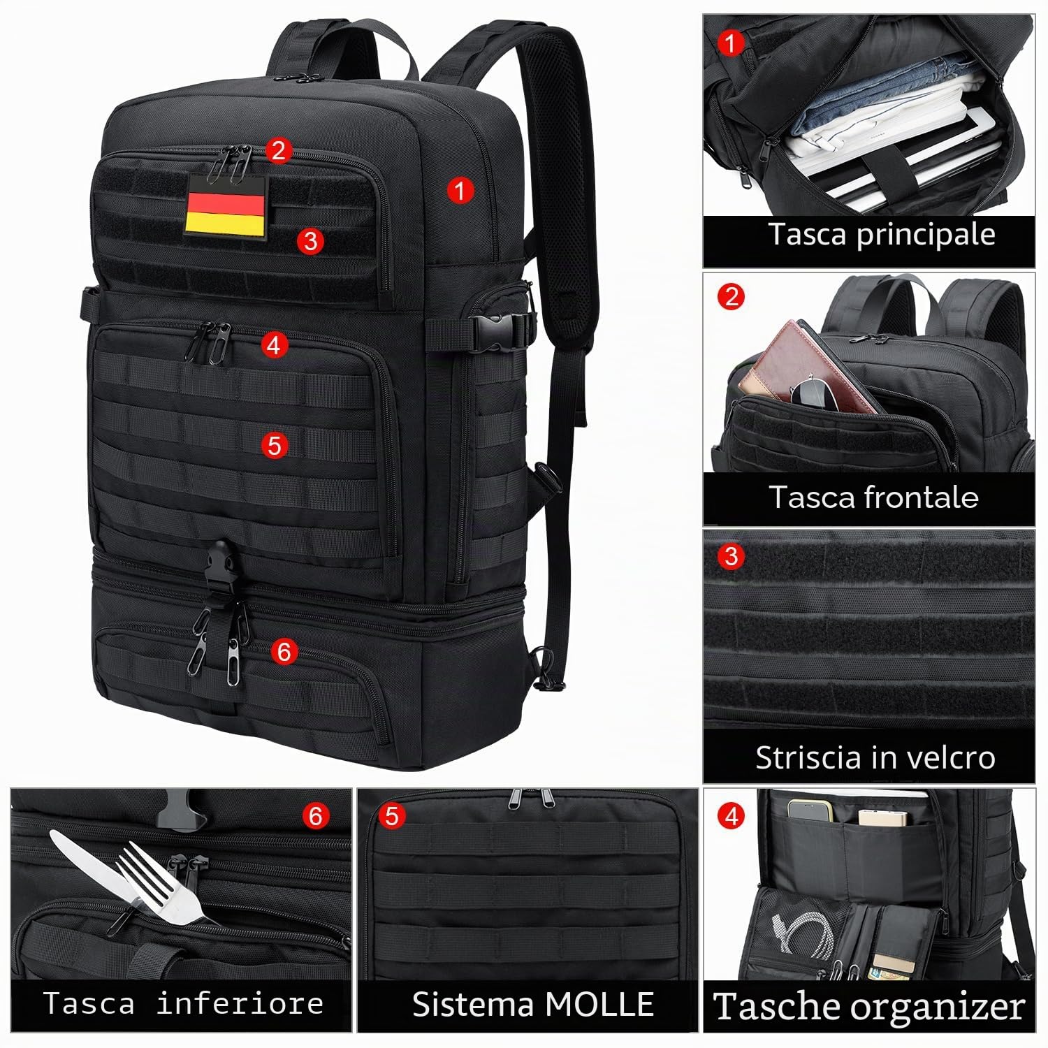 BERTASCHE Zaino Lunch per computer portatile da 17 pollici, con borsa frigo, zaino da lavoro 2 in 1, per uomo, lavoro, università, picnic, Molle, militare, nero, Nero