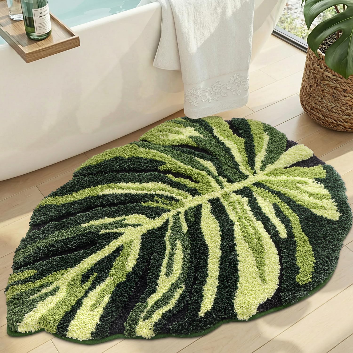 DEXI Bath Mat 80 x 120 cm, Non-Slip Absorbent Bathmat with Green Plant Pattern, Leaf Shaped Washable Rugs for Shower Floor, Bedroom, Bathroom Accessories Decor, Dark Monstera